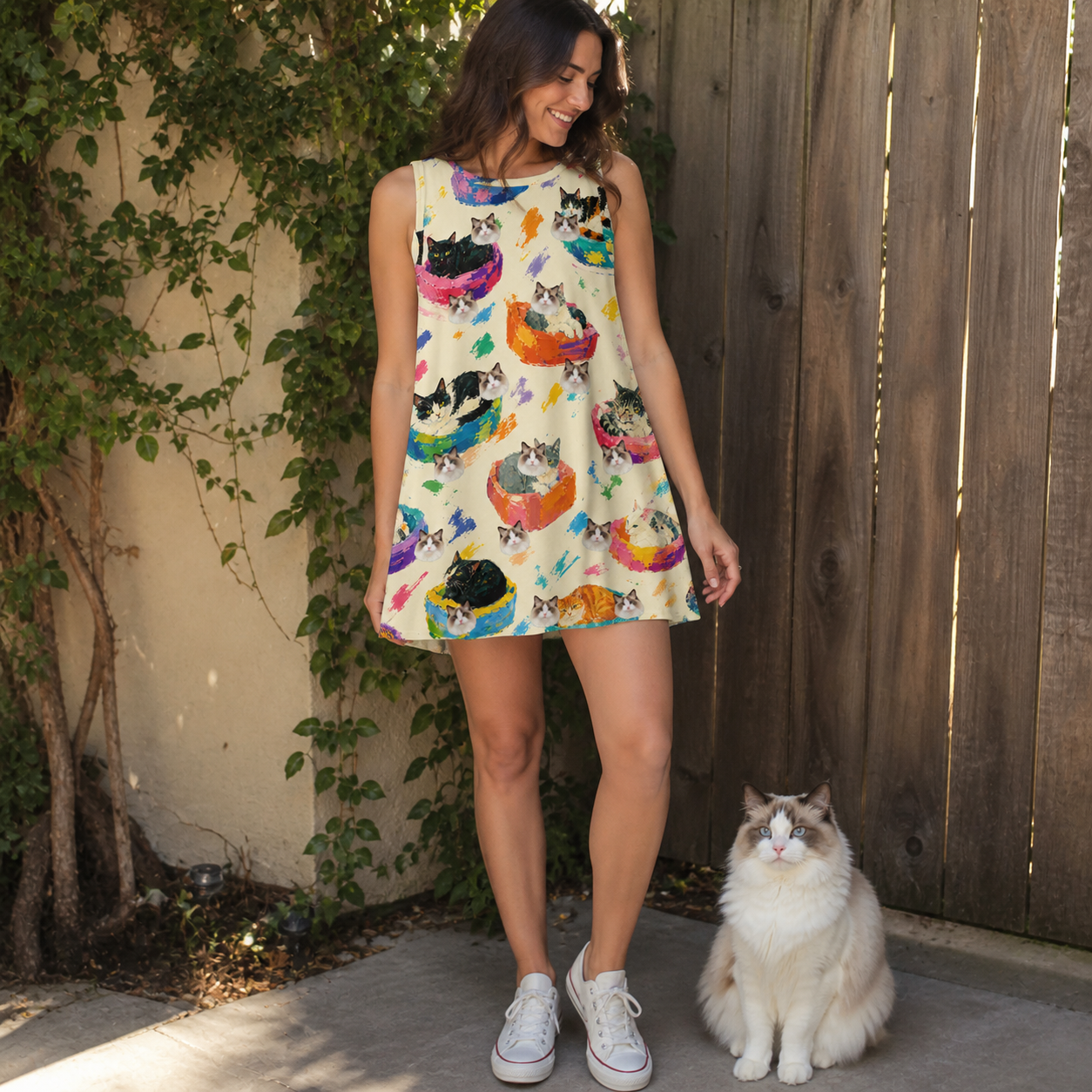 Full-length photo with the pet printed all over this Women's Catnap Cabins Custom Cat Face Tank Dress