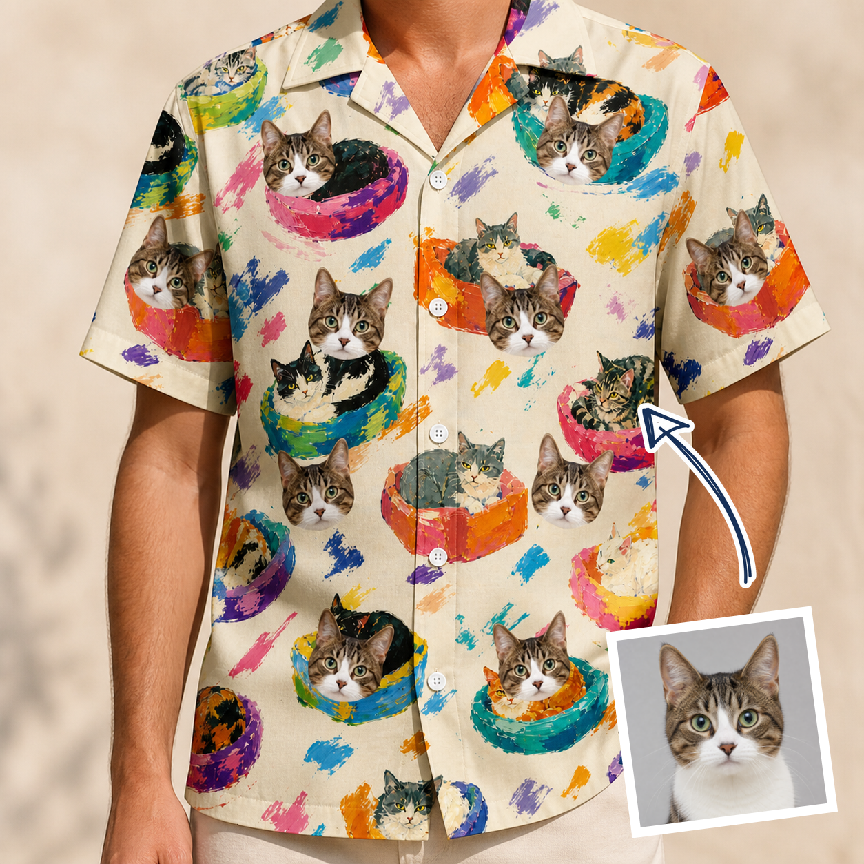 Man wearing Men's Catnap Cabins Custom Cat Face Hawaiian Shirt — custom faces printed all-over