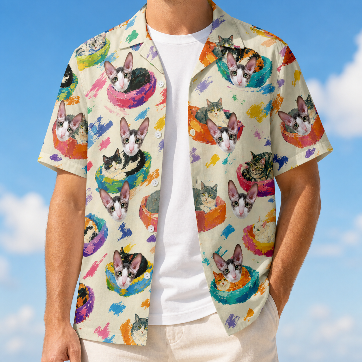Man wearing Men's Catnap Cabins Custom Cat Face Hawaiian Shirt open over a white tee