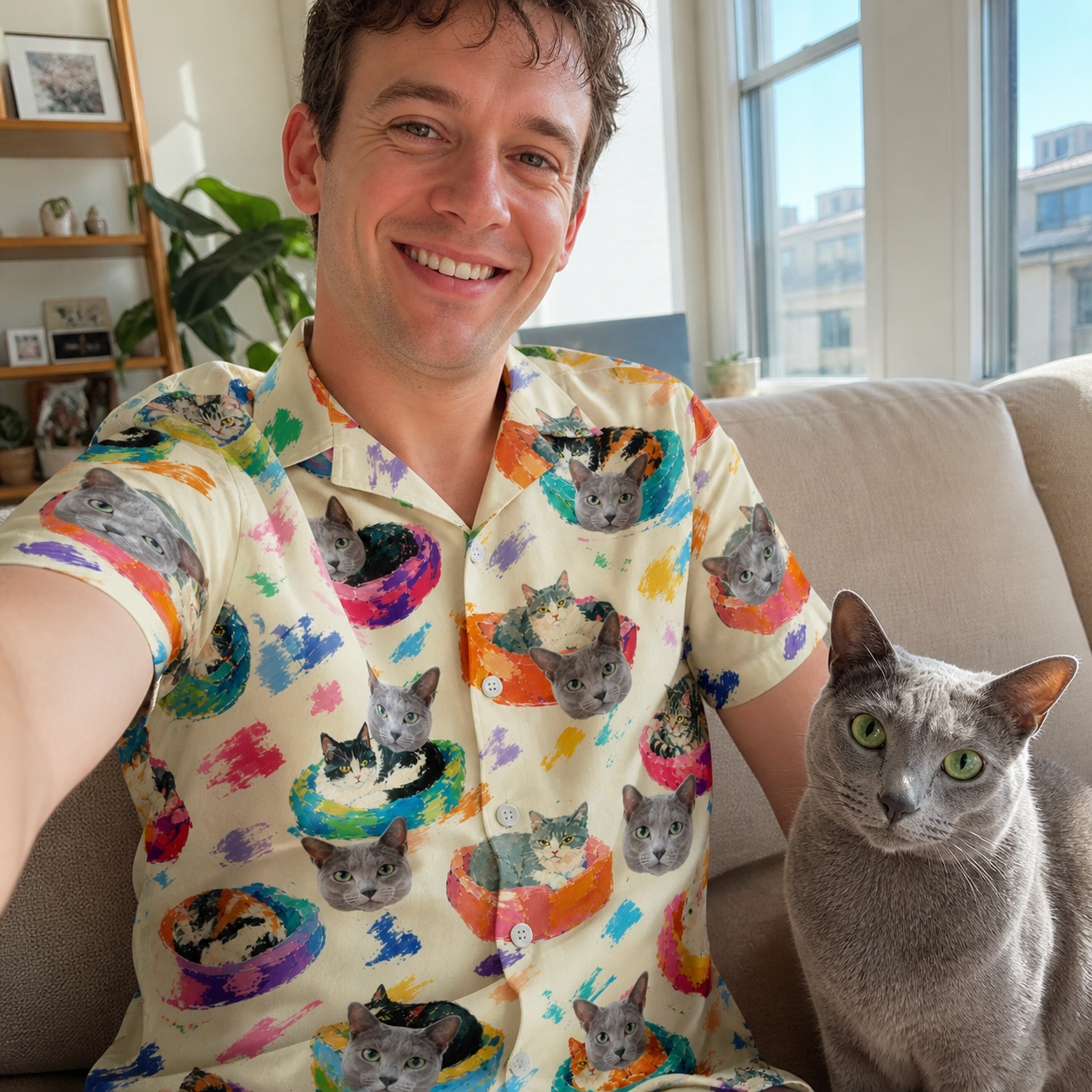 Selfie with the pet whose face is printed all over this Men's Catnap Cabins Custom Cat Face Hawaiian Shirt
