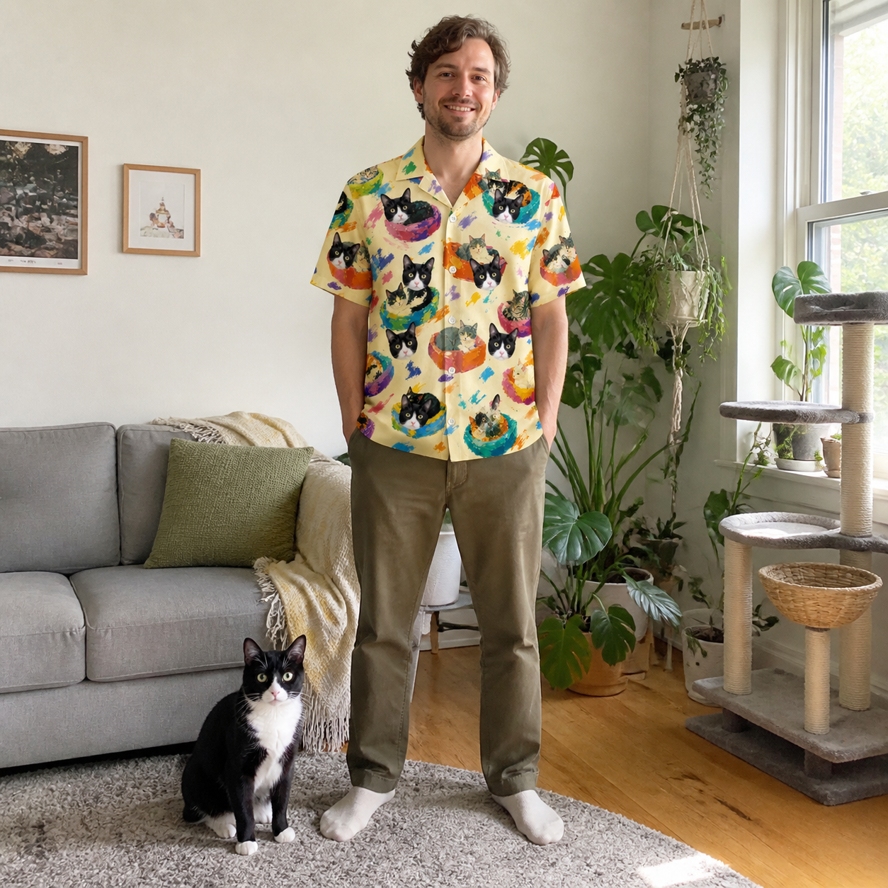 Full-length photo with the pet printed all over this Men's Catnap Cabins Custom Cat Face Hawaiian Shirt
