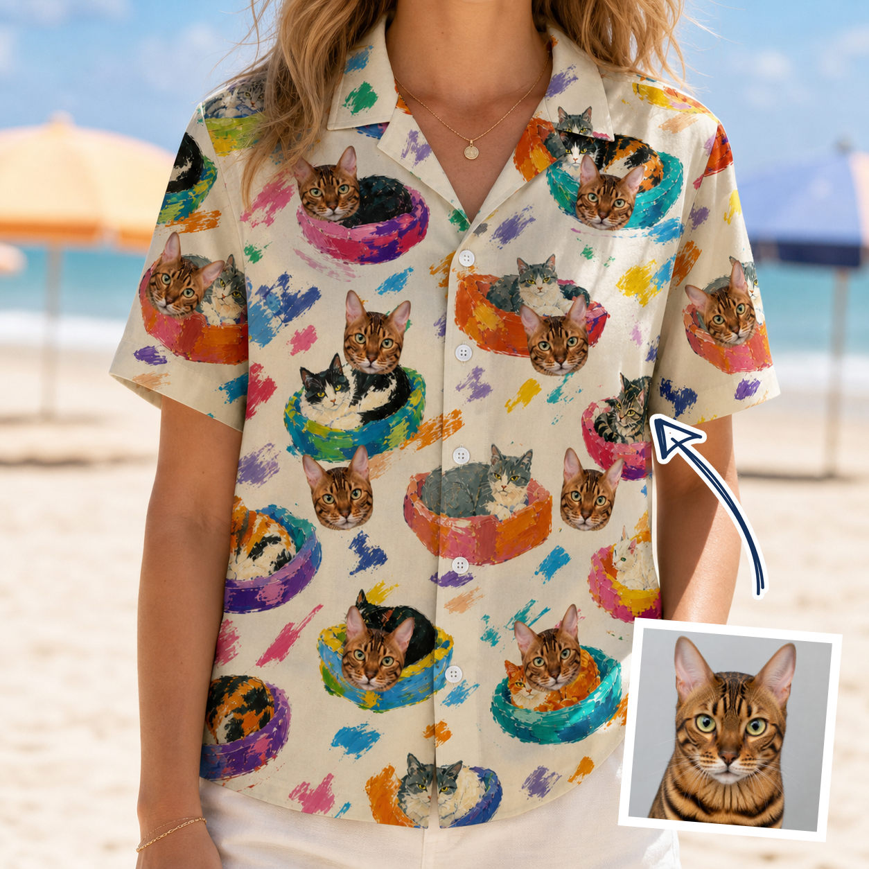 Woman wearing Women's Catnap Cabins Custom Cat Face Hawaiian Shirt — custom faces printed all-over