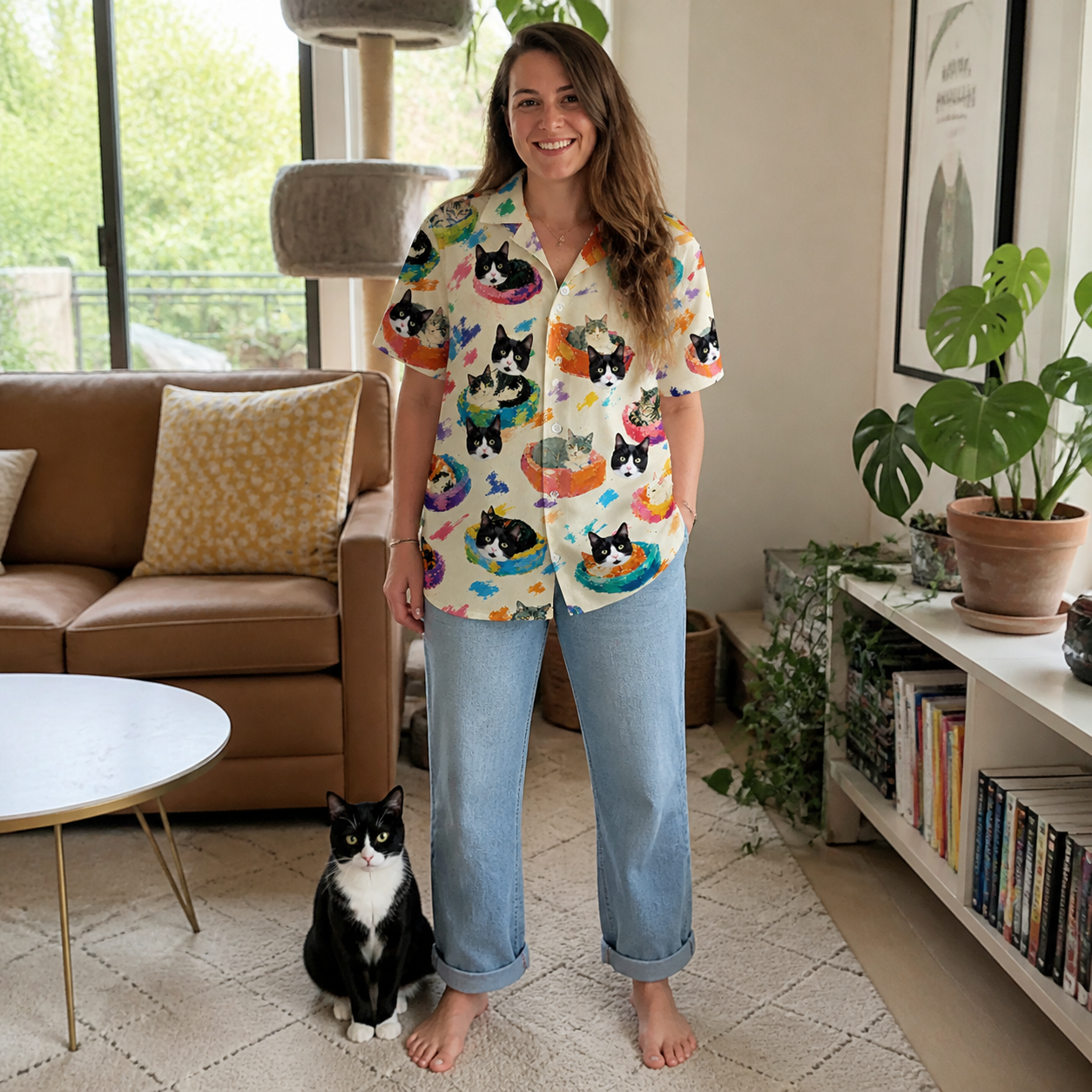 Full-length photo with the pet printed all over this Women's Catnap Cabins Custom Cat Face Hawaiian Shirt