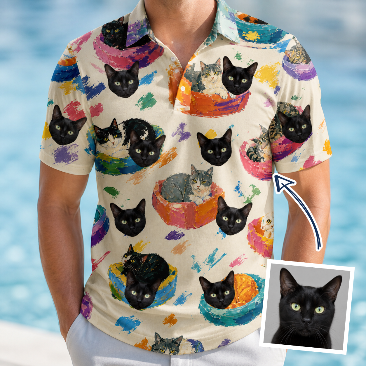 Man wearing Men's Catnap Cabins Custom Cat Face Polo Shirt — custom faces printed all-over