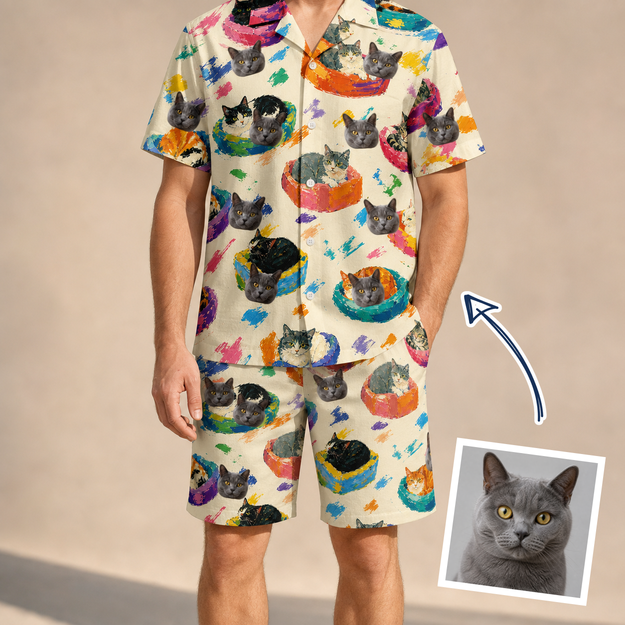 Man wearing Men's Catnap Cabins Custom Cat Face Shirt & Shorts Set — custom faces printed all-over