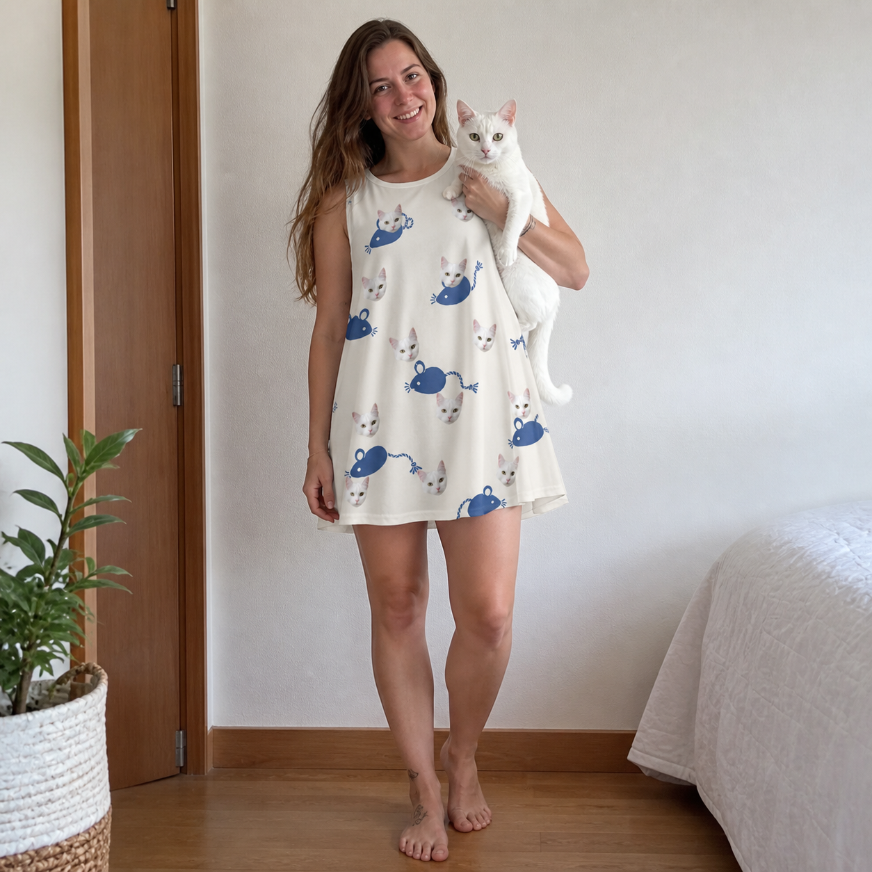 Full-length photo with the pet printed all over this Women's Mouse Mêlée Custom Cat Face Tank Dress
