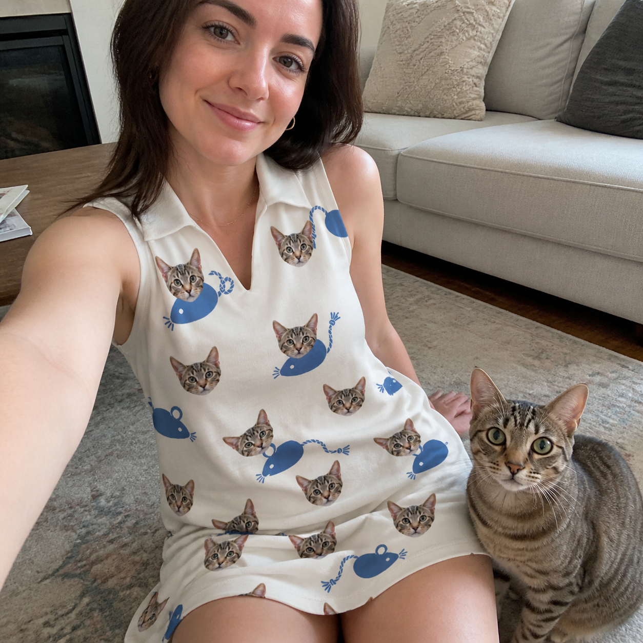 Selfie with the pet whose face is printed all over this Women's Mouse Mêlée Custom Cat Face V-Neck Dress