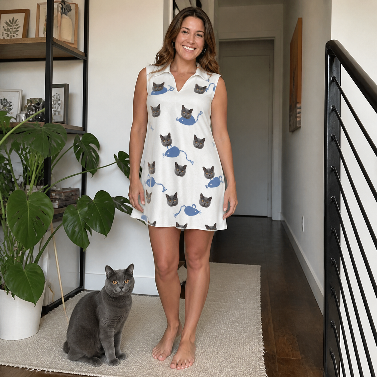 Full-length photo with the pet printed all over this Women's Mouse Mêlée Custom Cat Face V-Neck Dress