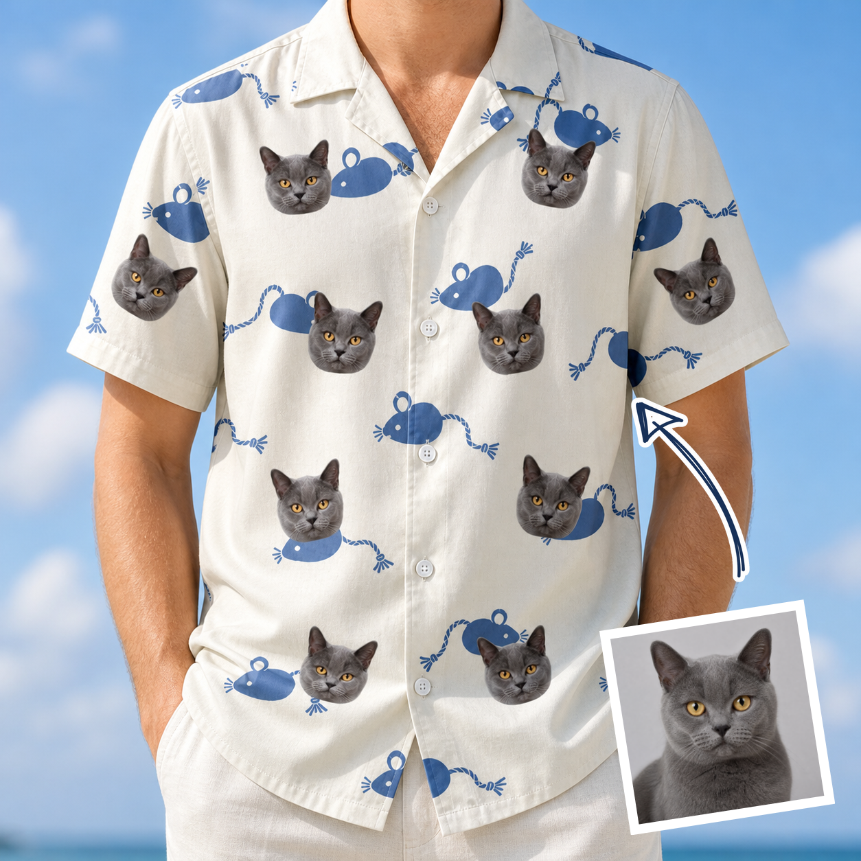 Man wearing Men's Mouse Mêlée Custom Cat Face Hawaiian Shirt — custom faces printed all-over