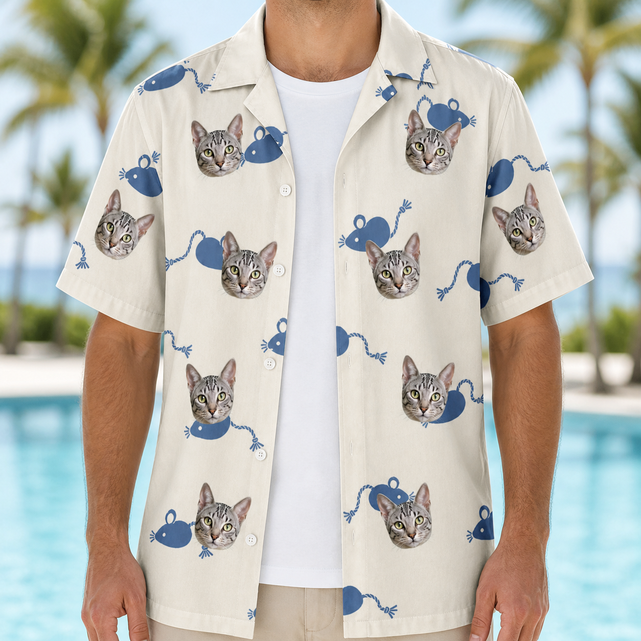 Man wearing Men's Mouse Mêlée Custom Cat Face Hawaiian Shirt open over a white tee
