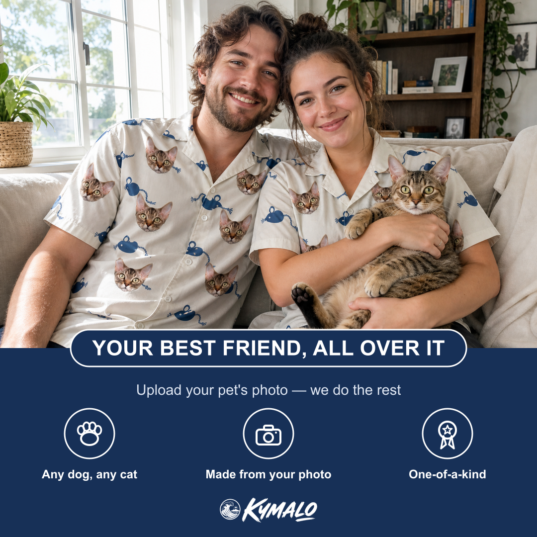 Friends in matching Men's Mouse Mêlée Custom Cat Face Hawaiian Shirt — a group gift photo