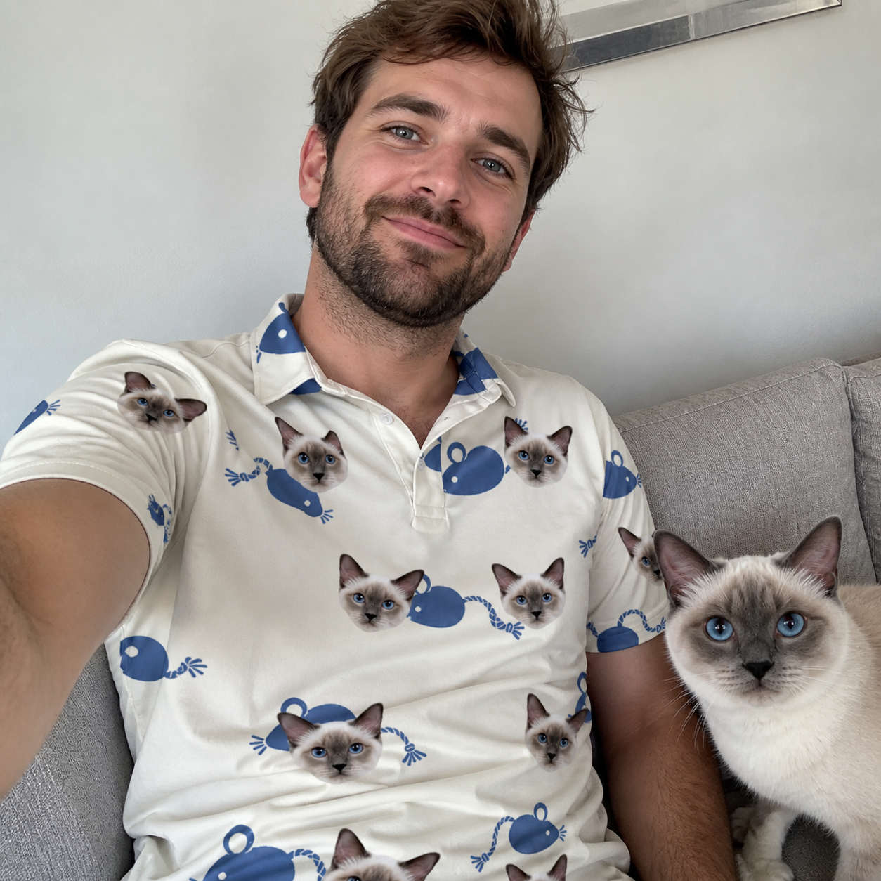 Selfie with the pet whose face is printed all over this Men's Mouse Mêlée Custom Cat Face Polo Shirt