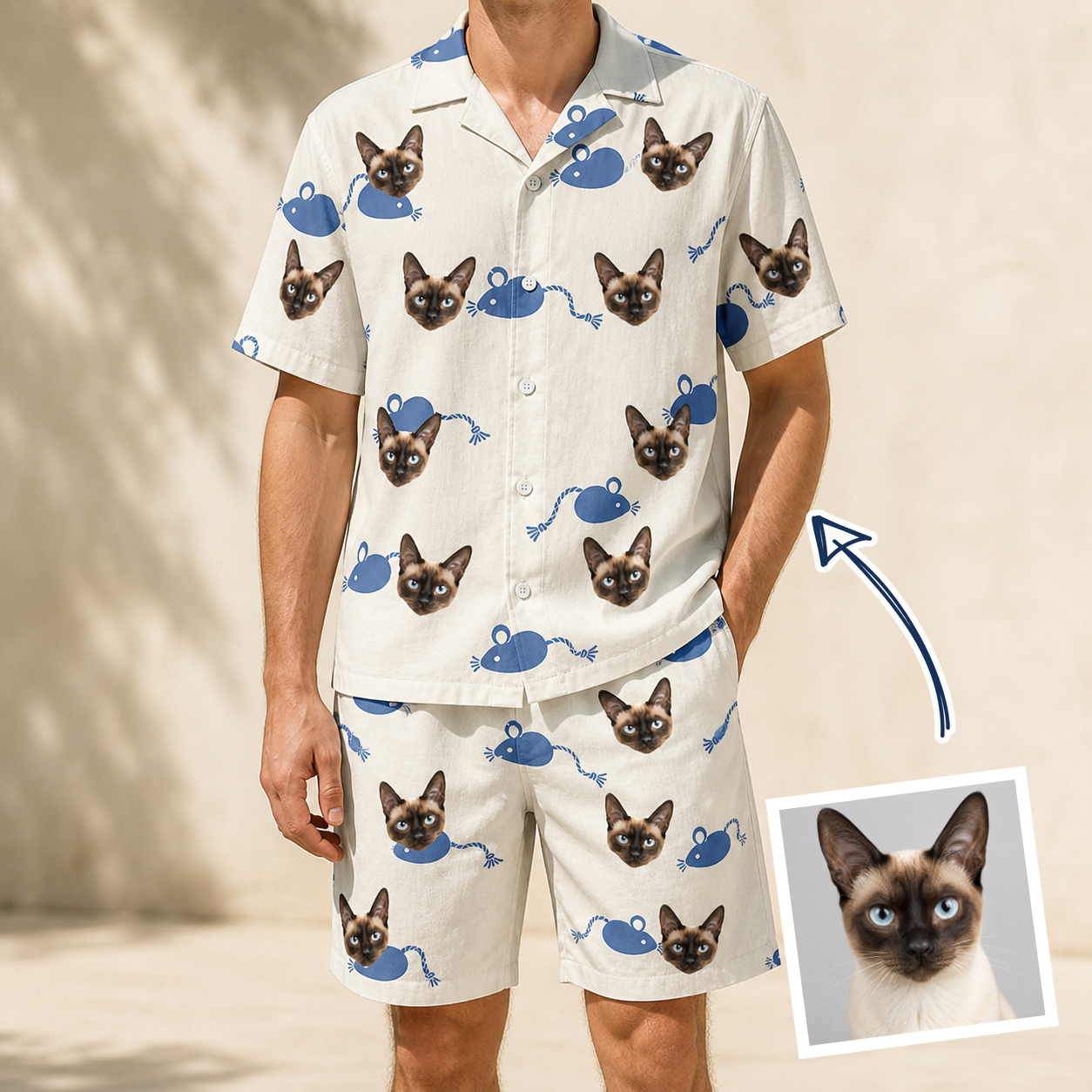 Man wearing Men's Mouse Mêlée Custom Cat Face Shirt & Shorts Set — custom faces printed all-over