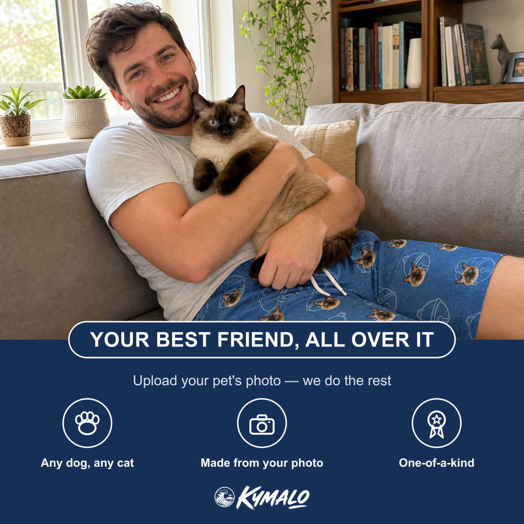 Friends in matching Men's Tabby Tinkles Custom Cat Face Beach Shorts — a group gift photo