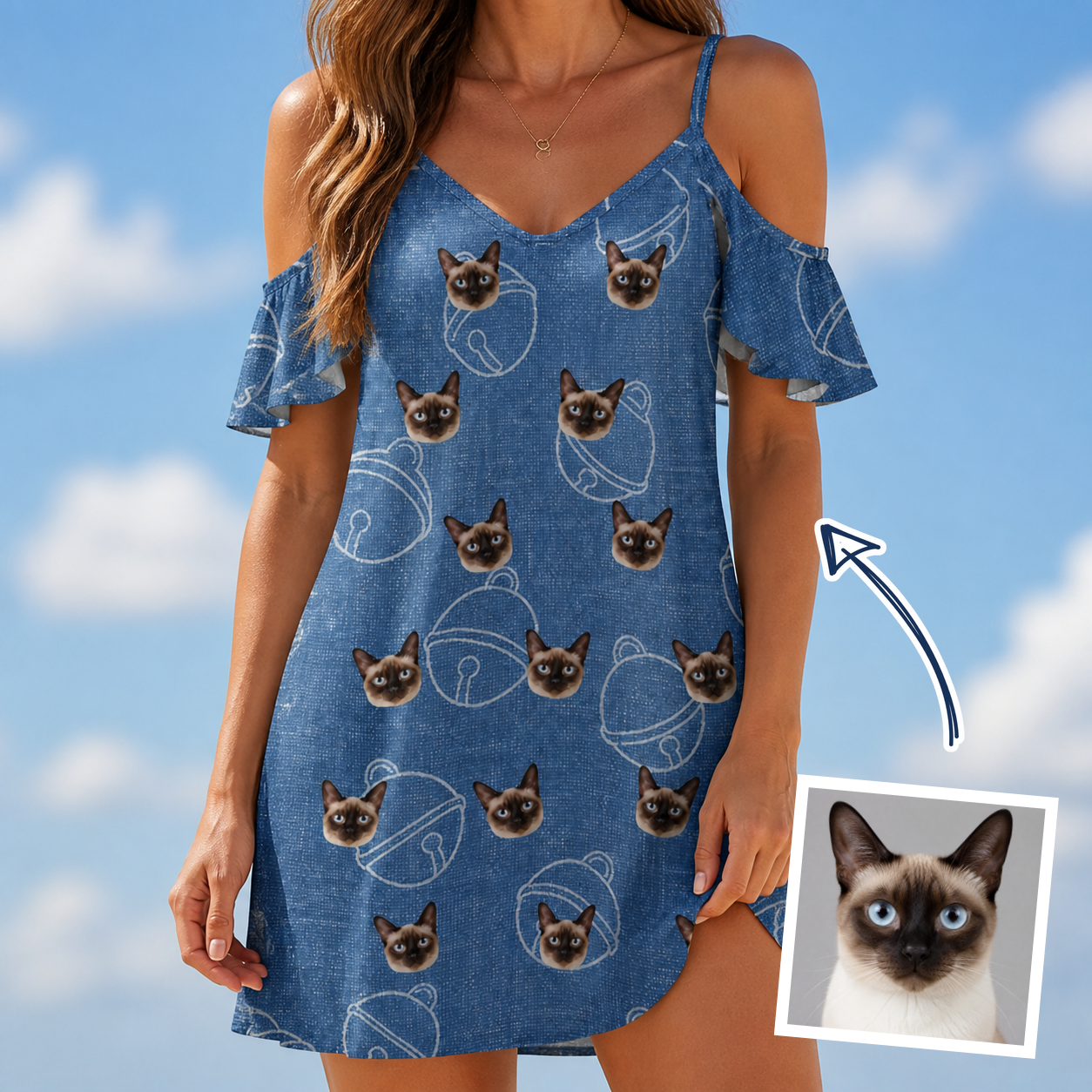 Woman wearing Women's Tabby Tinkles Custom Cat Face Off-Shoulder Dress — custom faces printed all-over