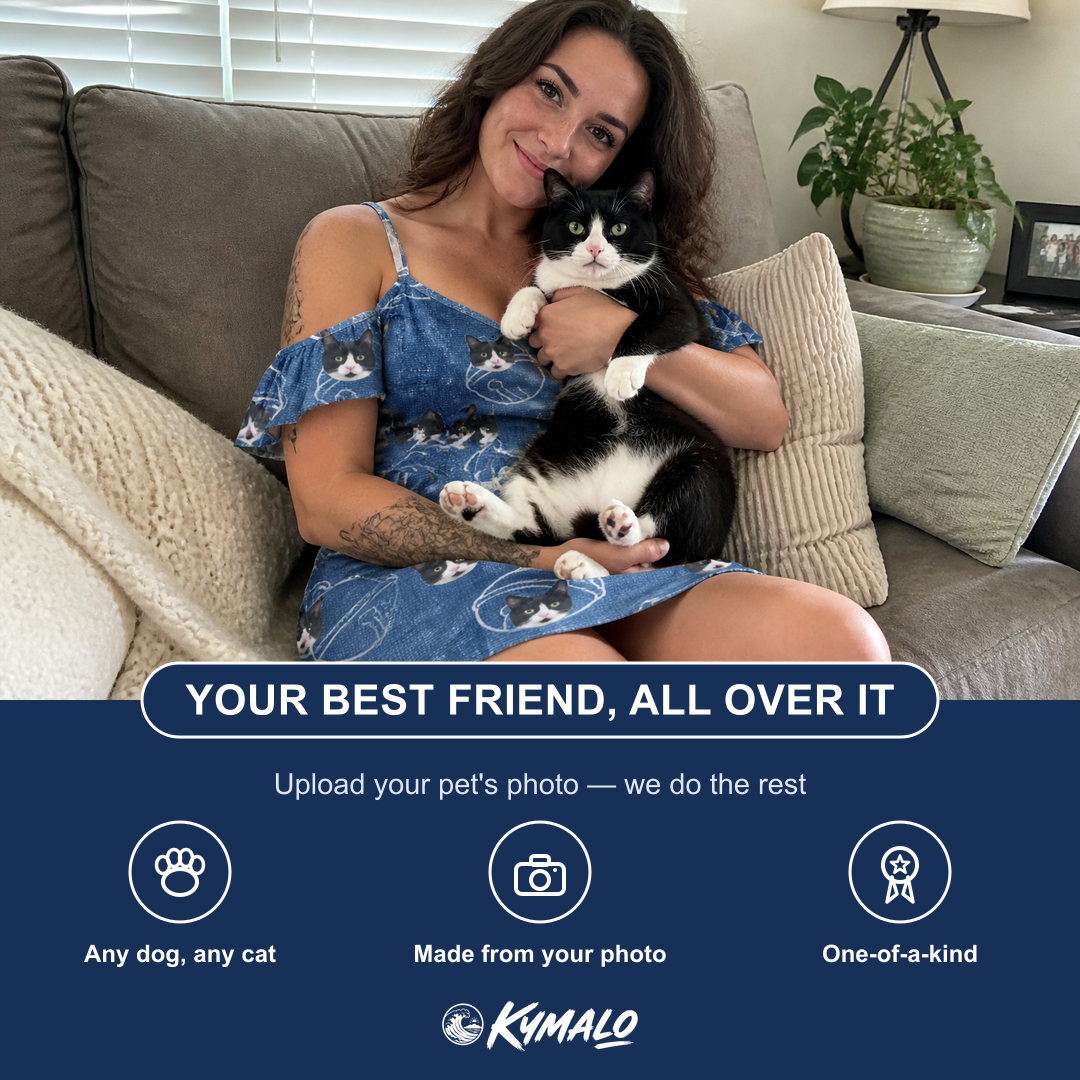 Friends in matching Women's Tabby Tinkles Custom Cat Face Off-Shoulder Dress — a group gift photo