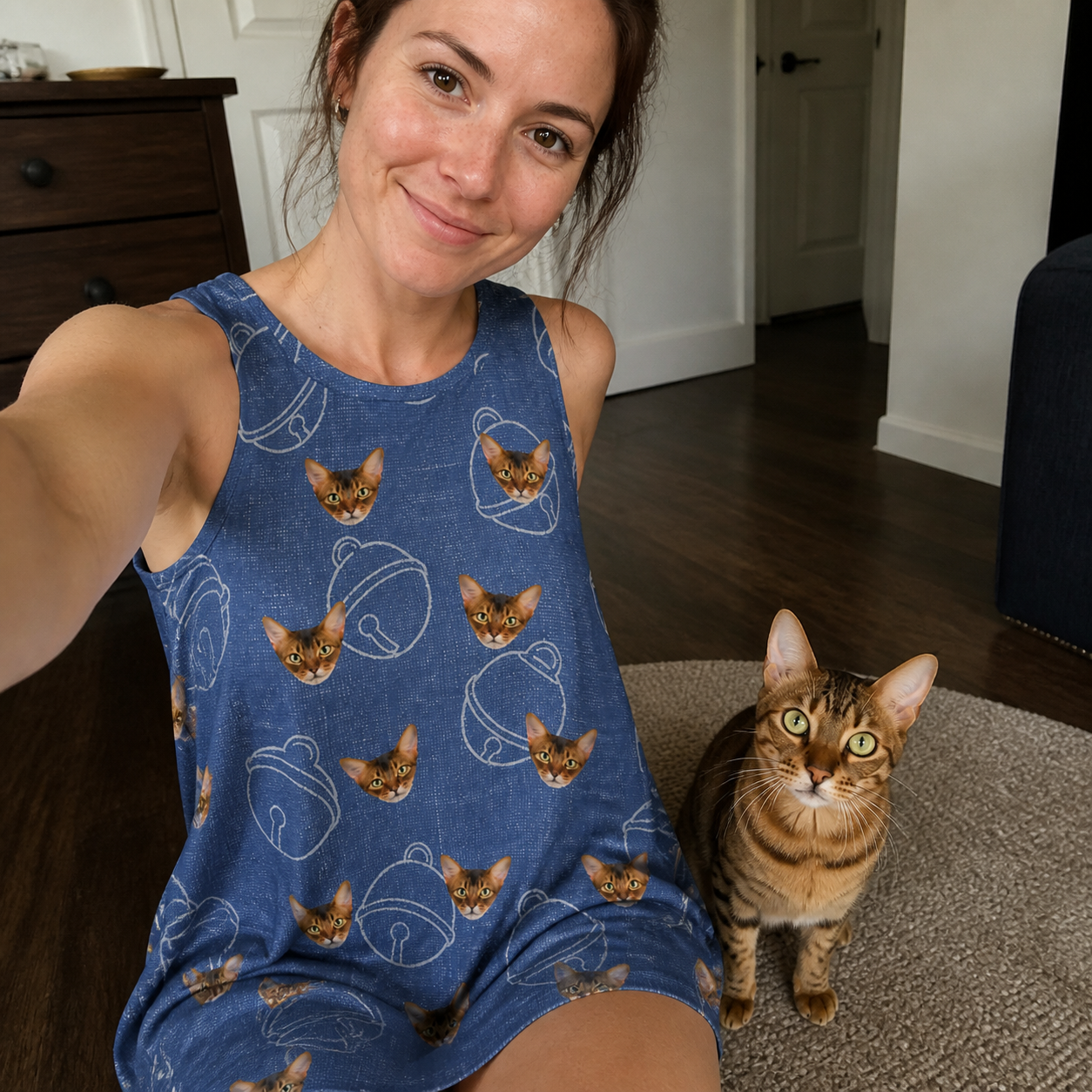 Selfie with the pet whose face is printed all over this Women's Tabby Tinkles Custom Cat Face Tank Dress