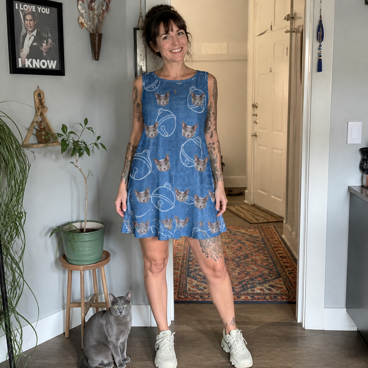 Full-length photo with the pet printed all over this Women's Tabby Tinkles Custom Cat Face Tank Dress