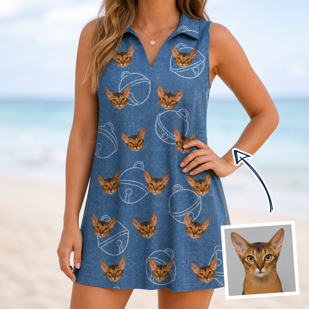 Woman wearing Women's Tabby Tinkles Custom Cat Face V-Neck Dress — custom faces printed all-over