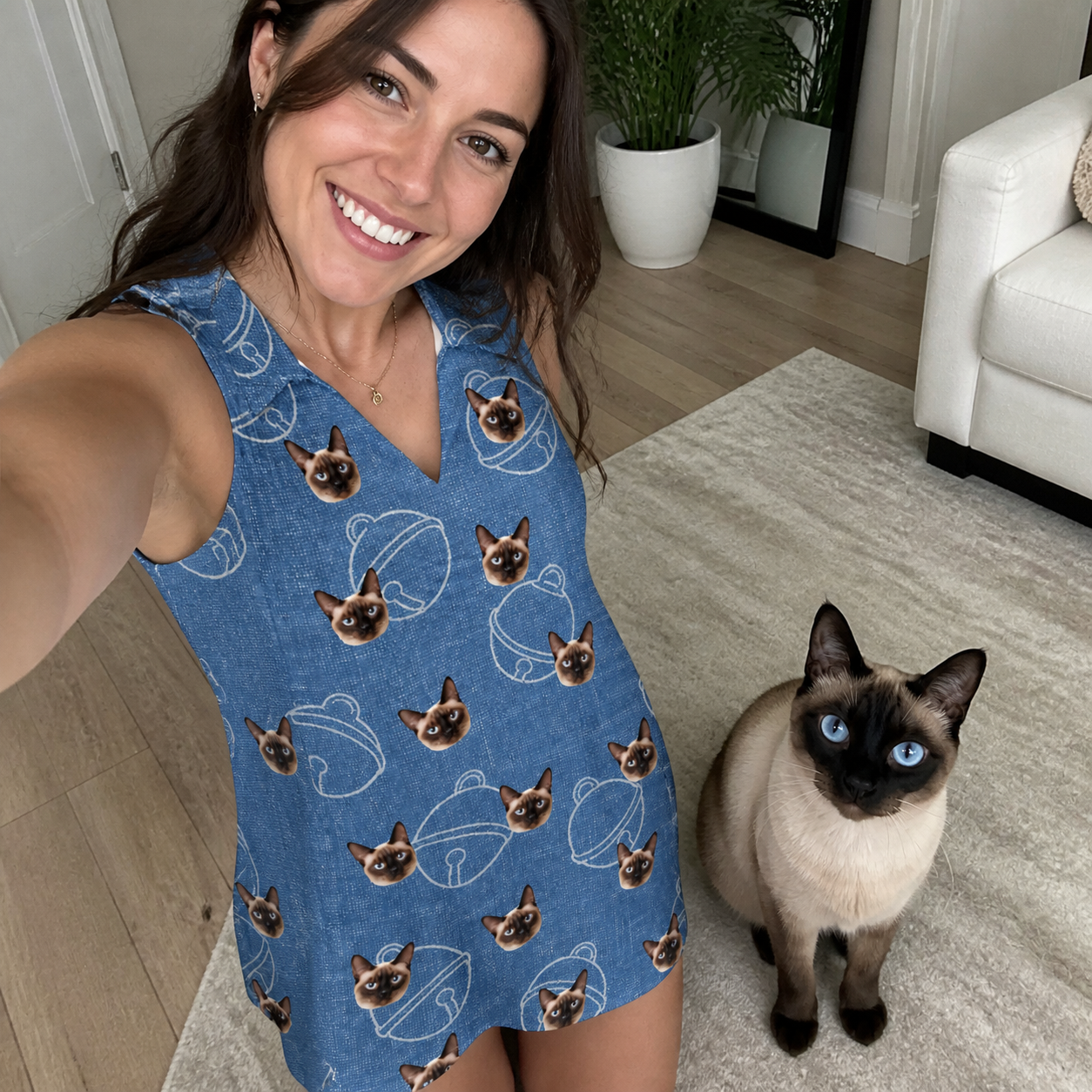 Selfie with the pet whose face is printed all over this Women's Tabby Tinkles Custom Cat Face V-Neck Dress