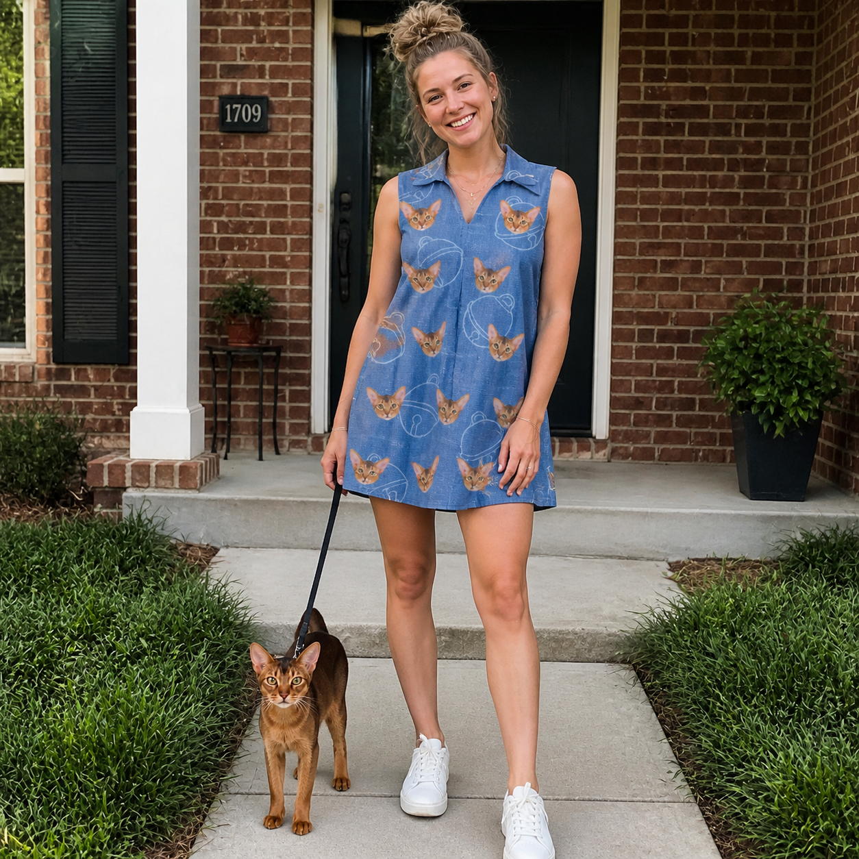 Full-length photo with the pet printed all over this Women's Tabby Tinkles Custom Cat Face V-Neck Dress