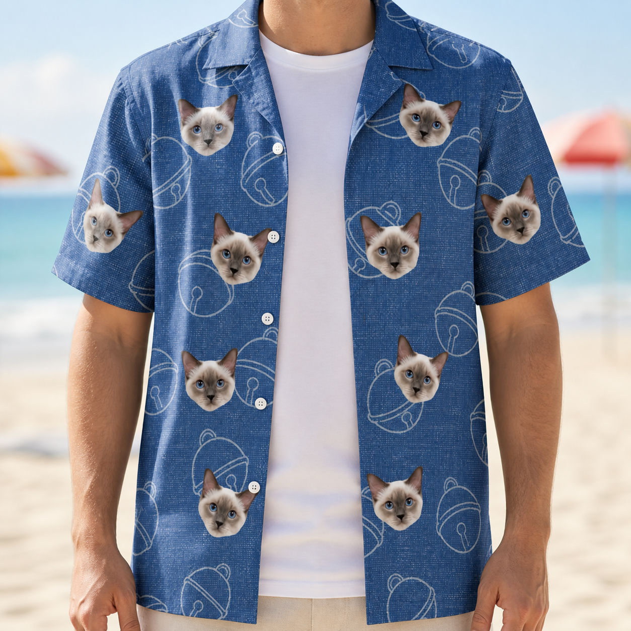 Man wearing Men's Tabby Tinkles Custom Cat Face Hawaiian Shirt open over a white tee