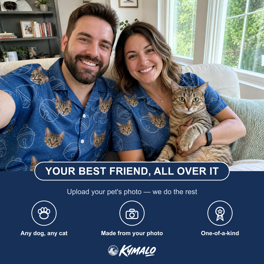 Friends in matching Men's Tabby Tinkles Custom Cat Face Hawaiian Shirt — a group gift photo