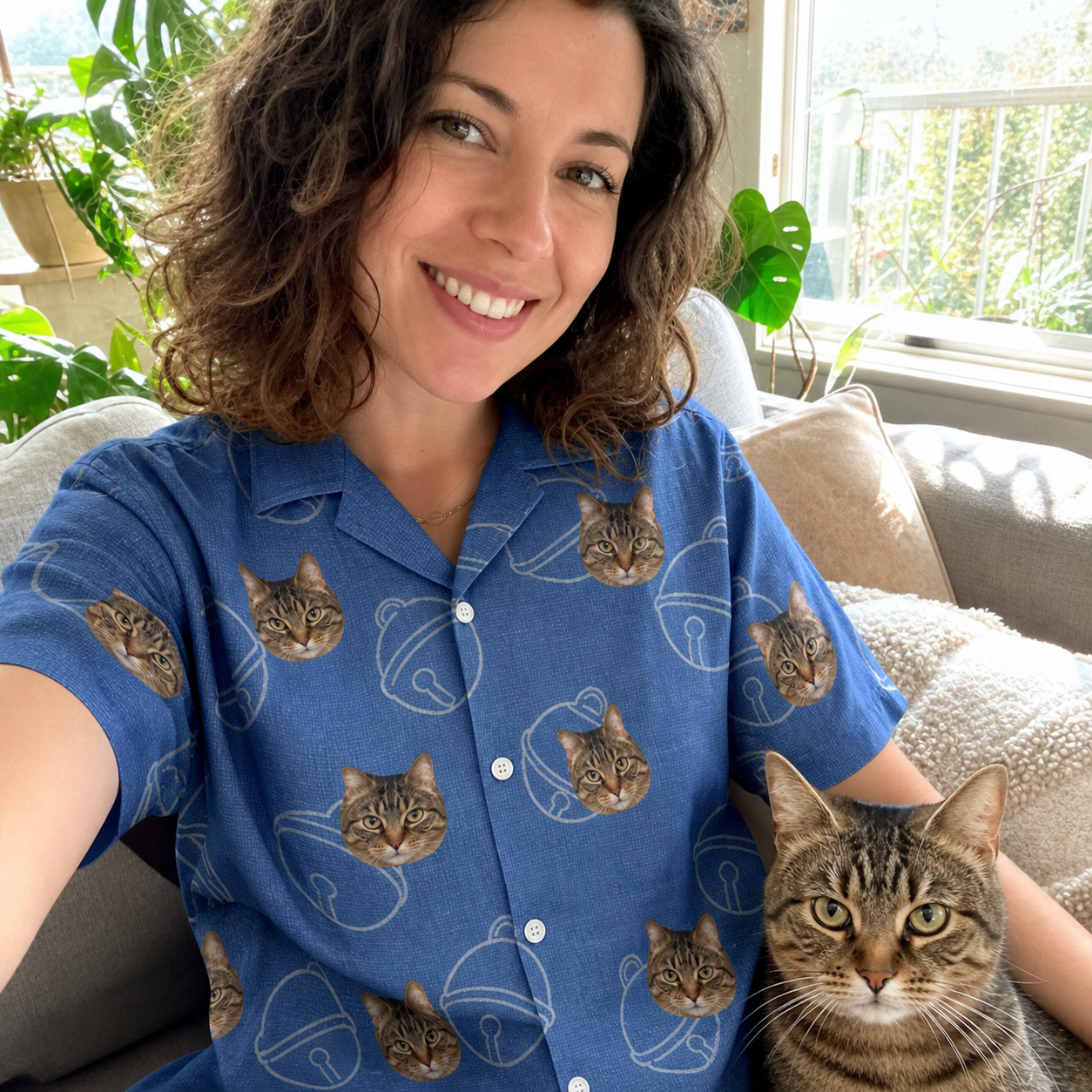 Selfie with the pet whose face is printed all over this Women's Tabby Tinkles Custom Cat Face Hawaiian Shirt