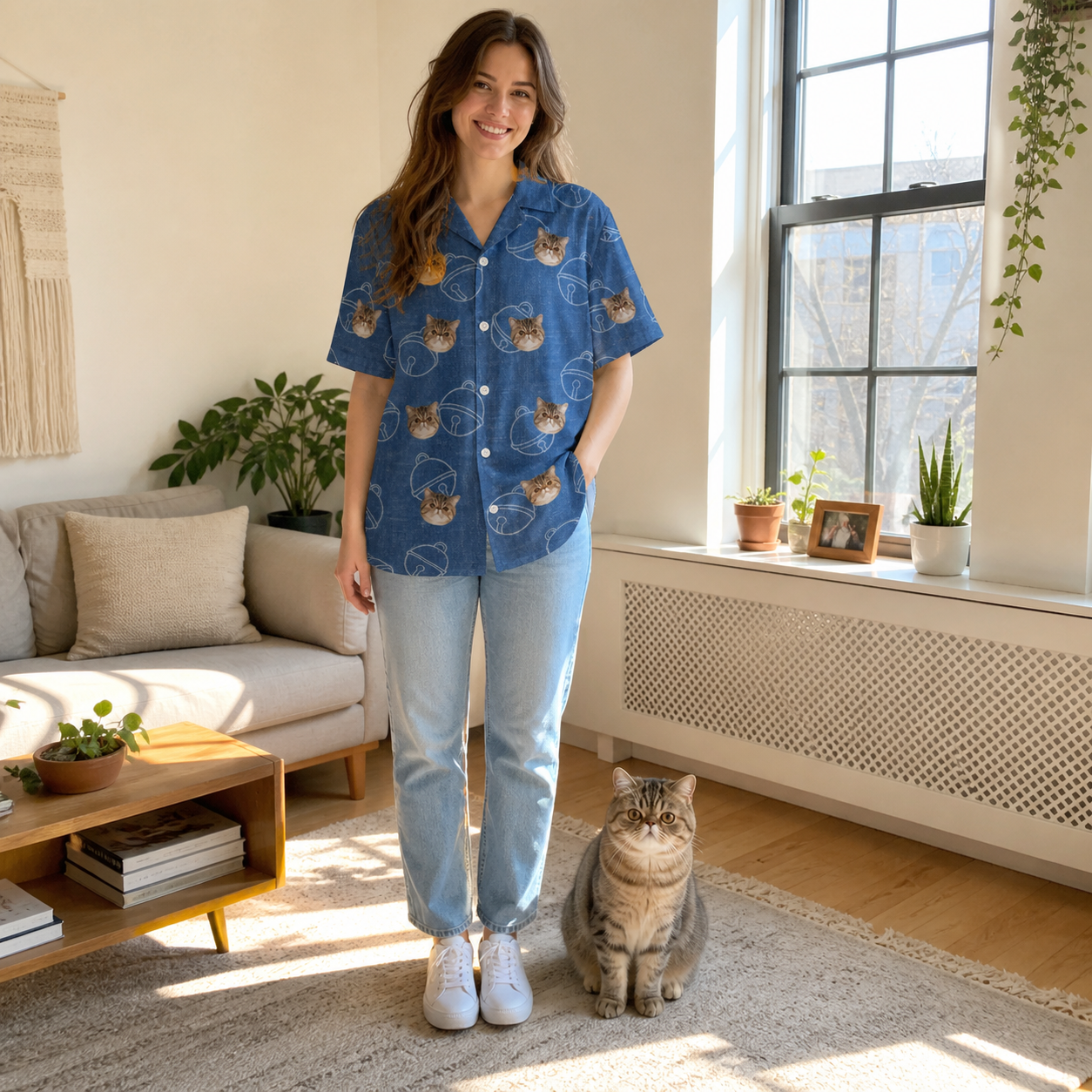 Full-length photo with the pet printed all over this Women's Tabby Tinkles Custom Cat Face Hawaiian Shirt
