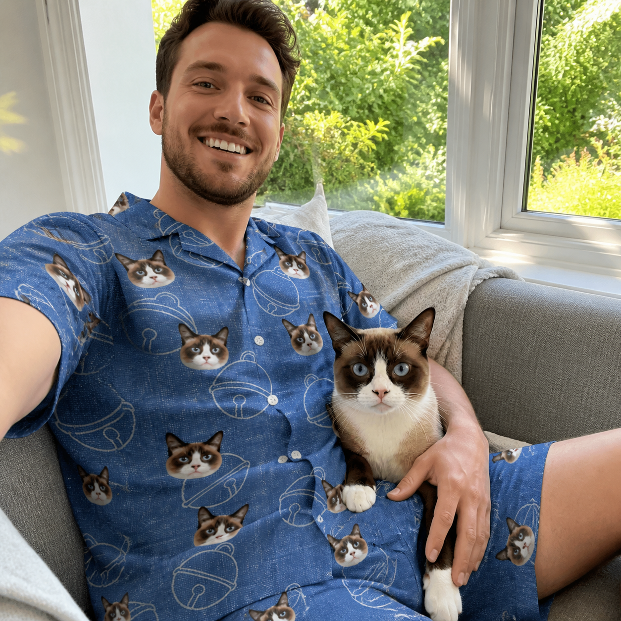 Selfie with the pet whose face is printed all over this Men's Tabby Tinkles Custom Cat Face Shirt & Shorts Set