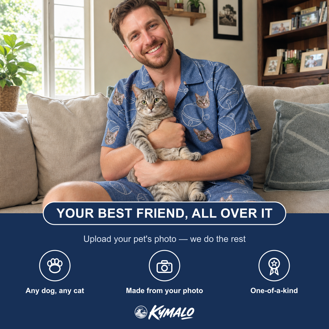 Friends in matching Men's Tabby Tinkles Custom Cat Face Shirt & Shorts Set — a group gift photo