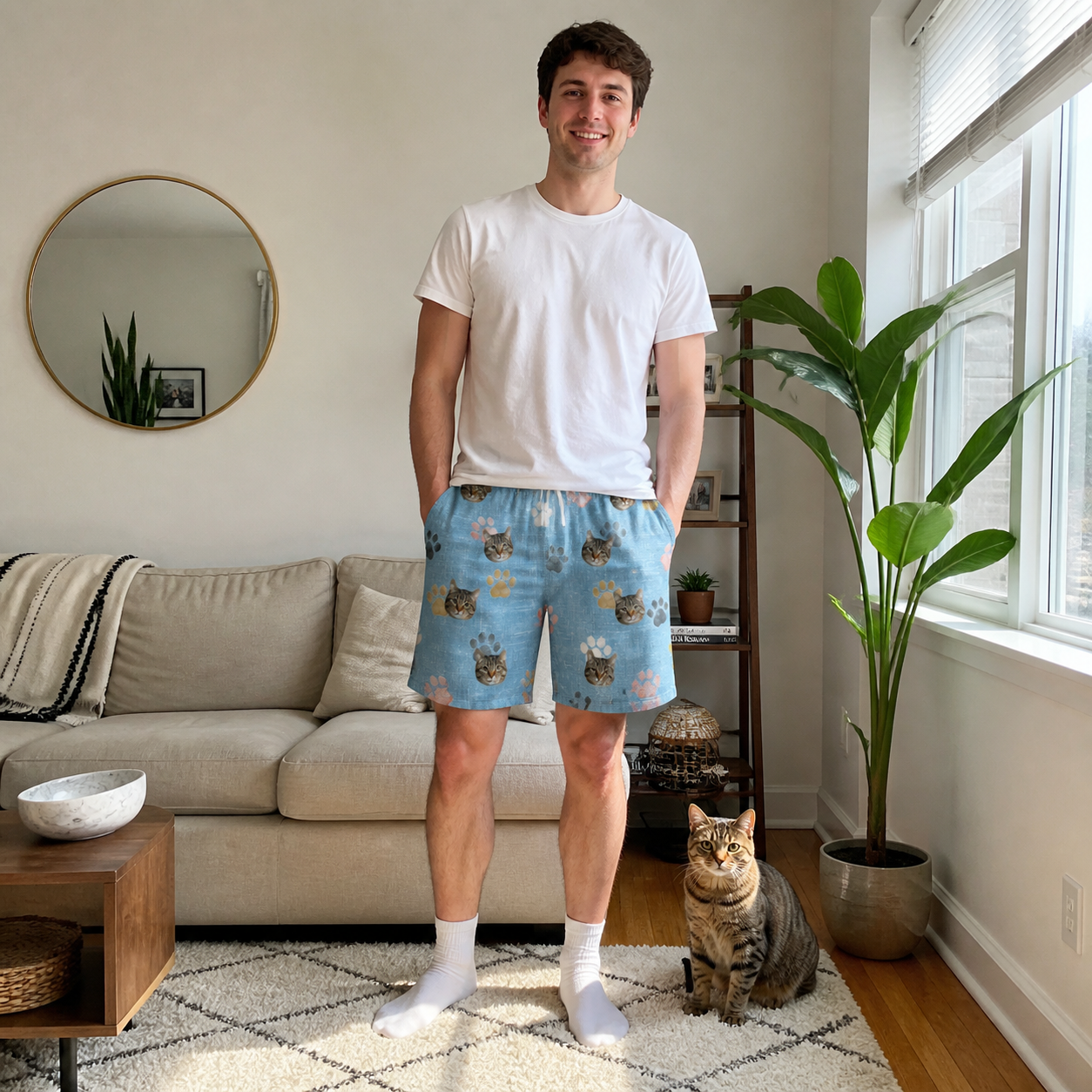 Full-length photo with the pet printed all over this Men's Toe Bean Trail Custom Cat Face Beach Shorts