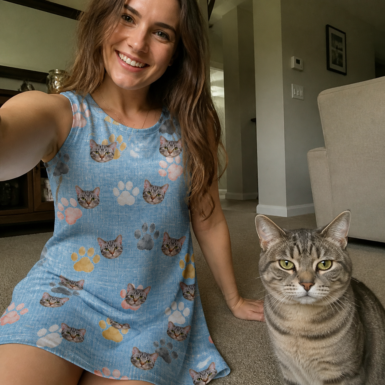 Selfie with the pet whose face is printed all over this Women's Toe Bean Trail Custom Cat Face Tank Dress