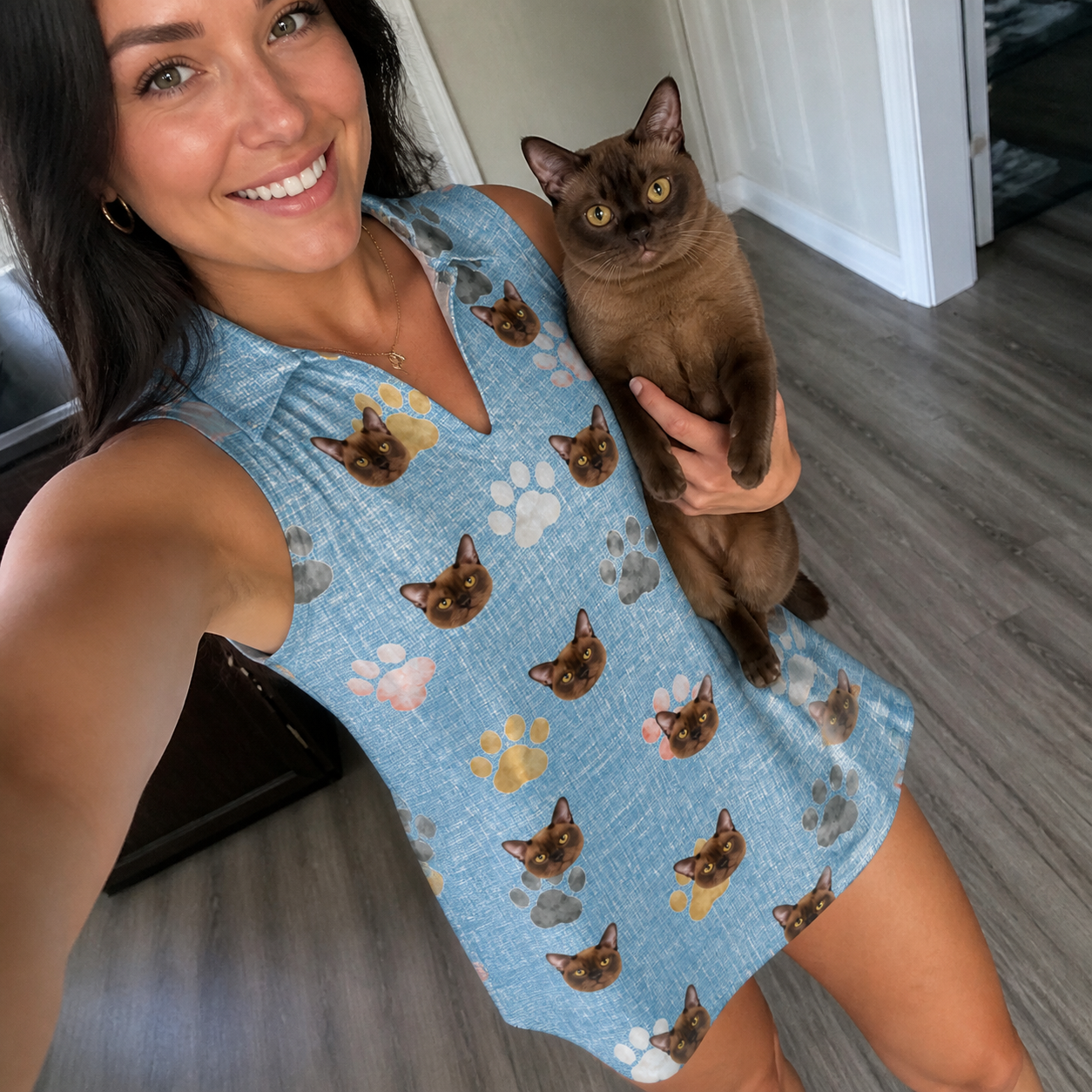 Selfie with the pet whose face is printed all over this Women's Toe Bean Trail Custom Cat Face V-Neck Dress