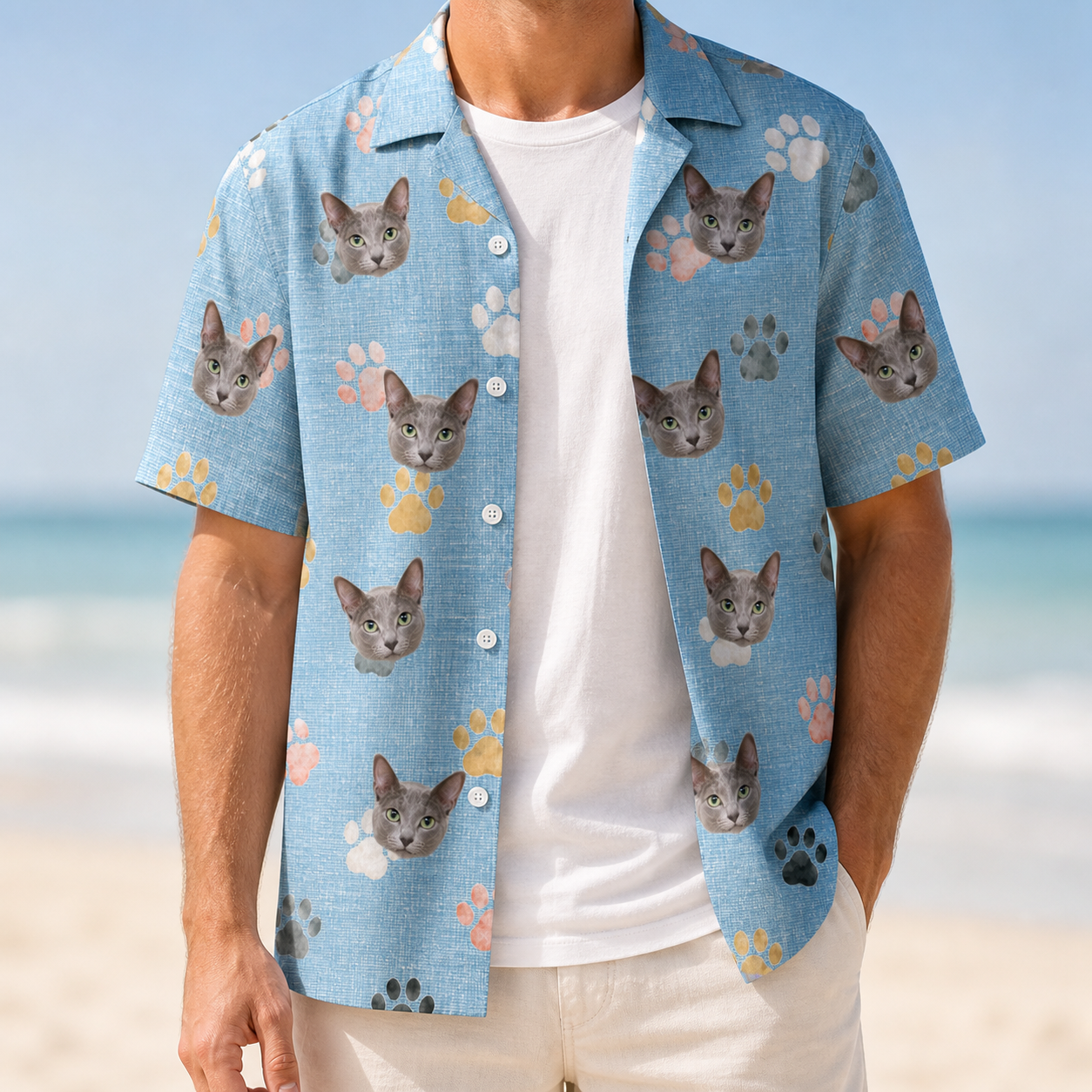 Man wearing Men's Toe Bean Trail Custom Cat Face Hawaiian Shirt open over a white tee