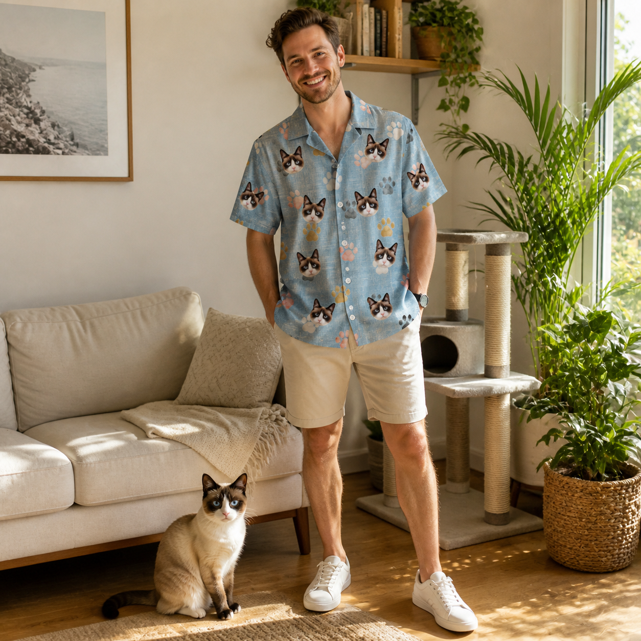 Full-length photo with the pet printed all over this Men's Toe Bean Trail Custom Cat Face Hawaiian Shirt