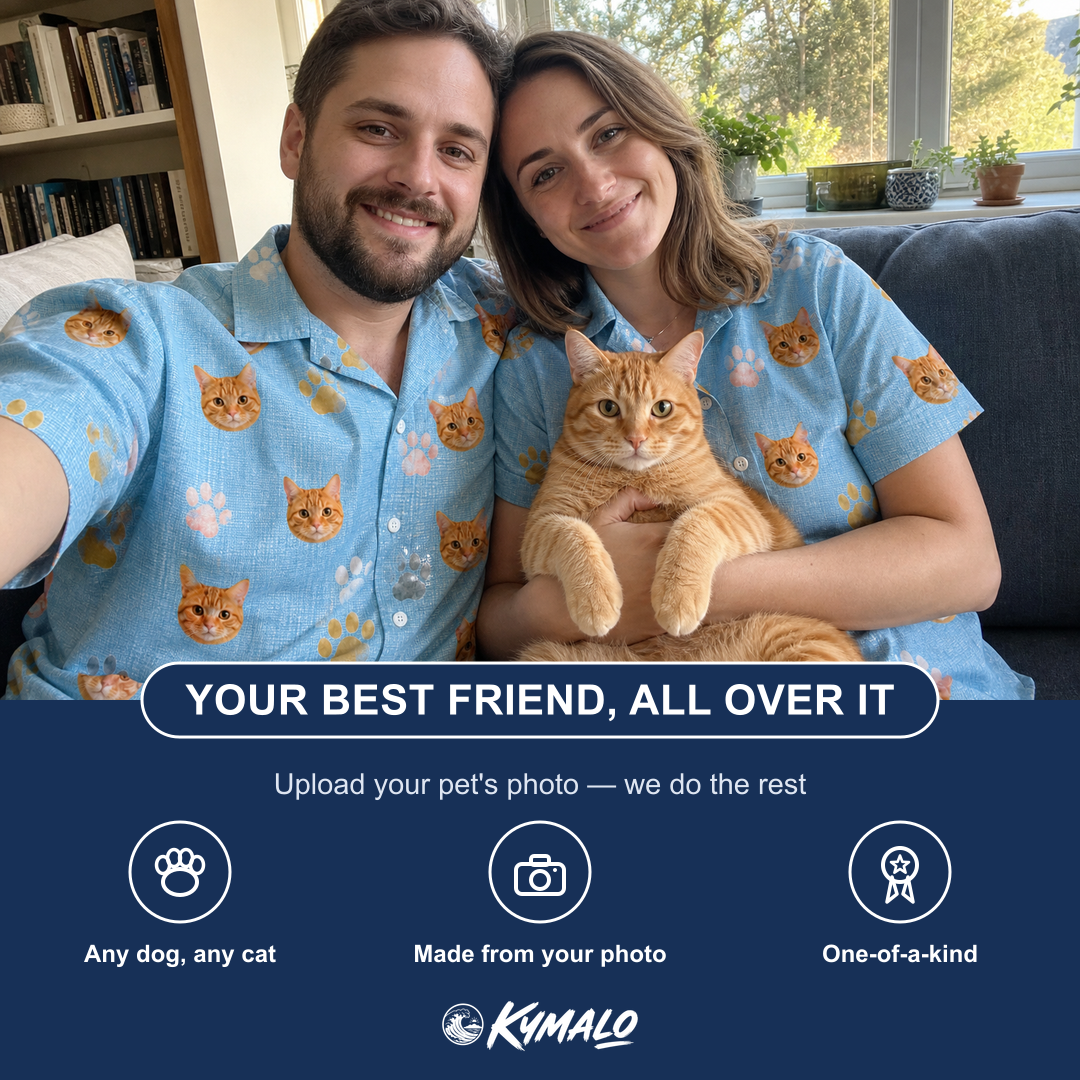 Friends in matching Men's Toe Bean Trail Custom Cat Face Hawaiian Shirt — a group gift photo