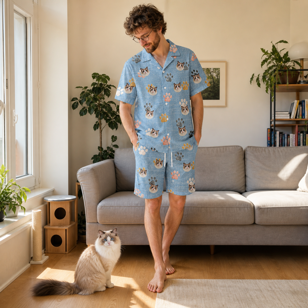 Full-length photo with the pet printed all over this Men's Toe Bean Trail Custom Cat Face Shirt & Shorts Set