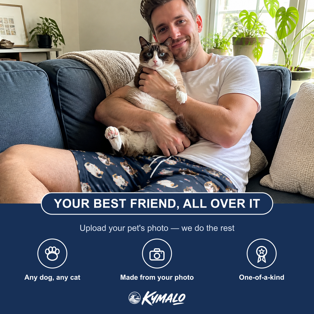 Friends in matching Men's Mewsed Charm Custom Cat Face Beach Shorts — a group gift photo