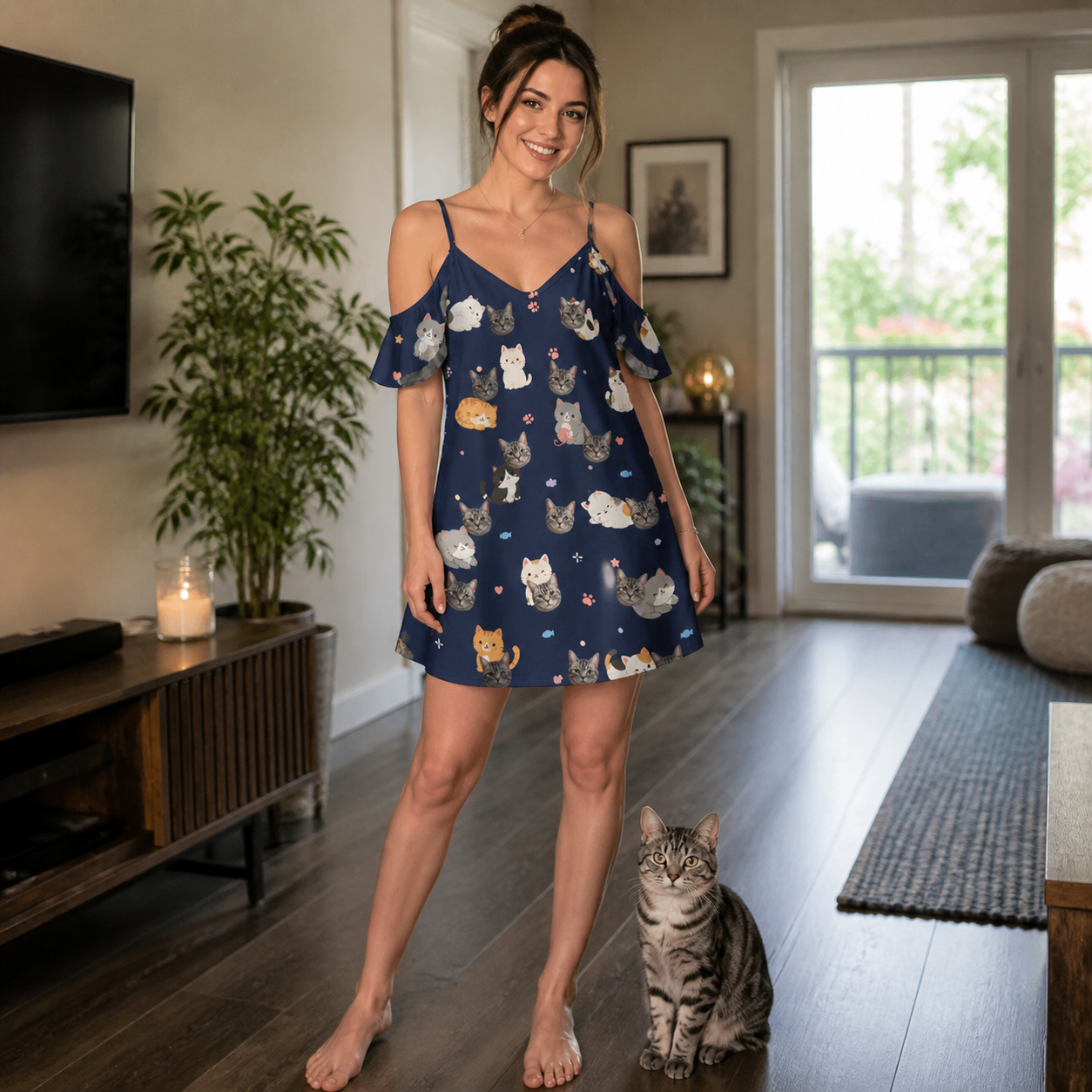 Full-length photo with the pet printed all over this Women's Mewsed Charm Custom Cat Face Off-Shoulder Dress