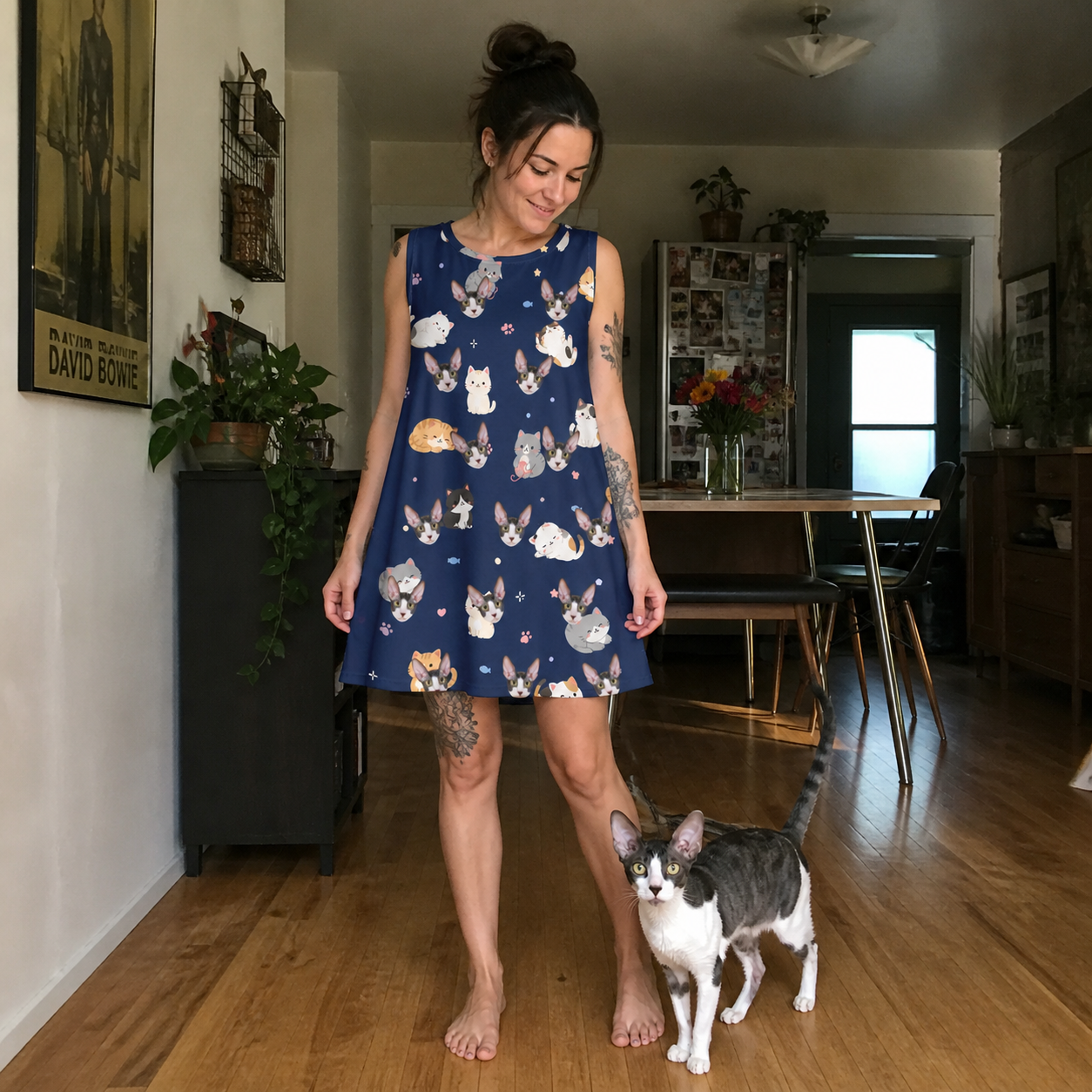 Full-length photo with the pet printed all over this Women's Mewsed Charm Custom Cat Face Tank Dress