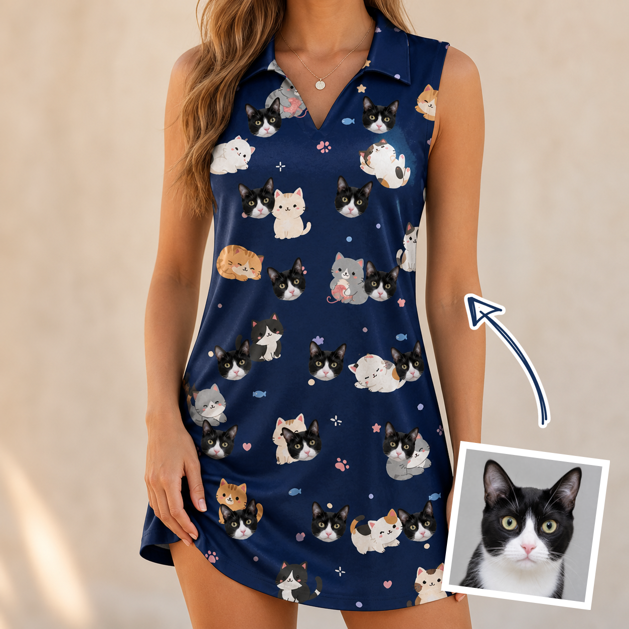 Woman wearing Women's Mewsed Charm Custom Cat Face V-Neck Dress — custom faces printed all-over