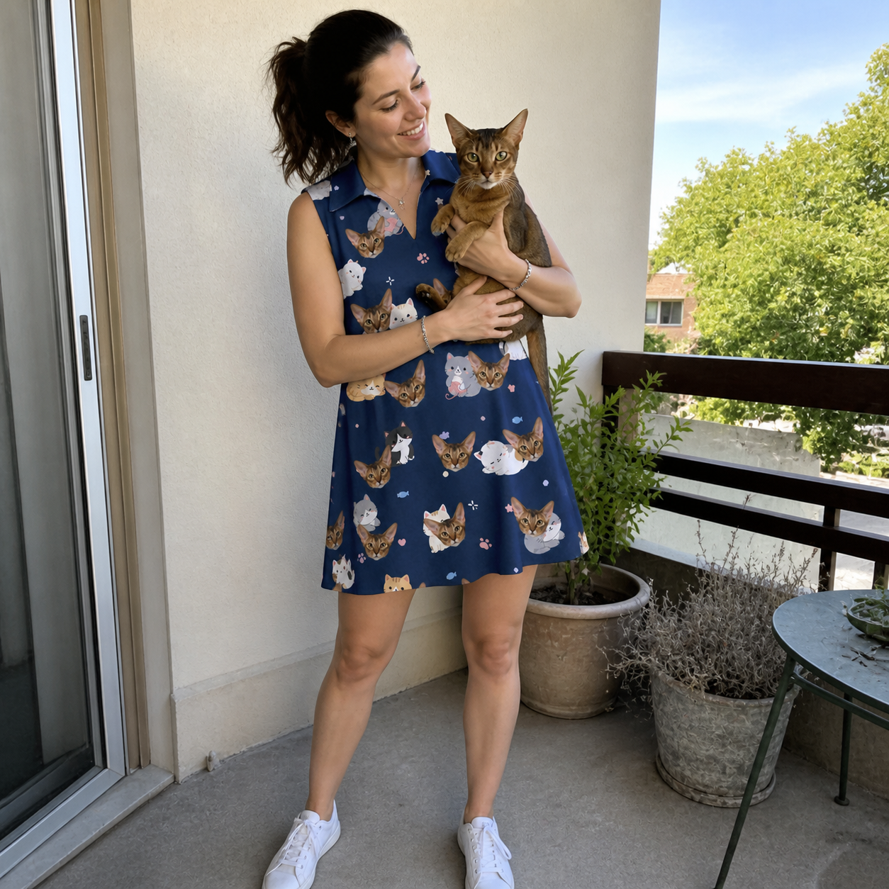 Full-length photo with the pet printed all over this Women's Mewsed Charm Custom Cat Face V-Neck Dress