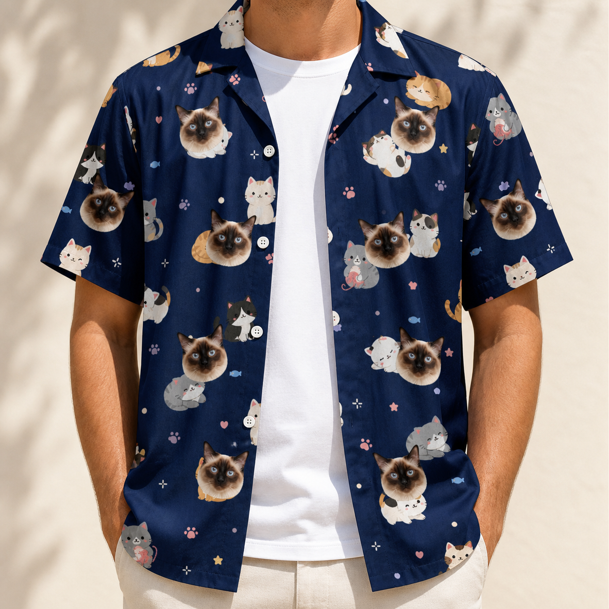 Man wearing Men's Mewsed Charm Custom Cat Face Hawaiian Shirt open over a white tee