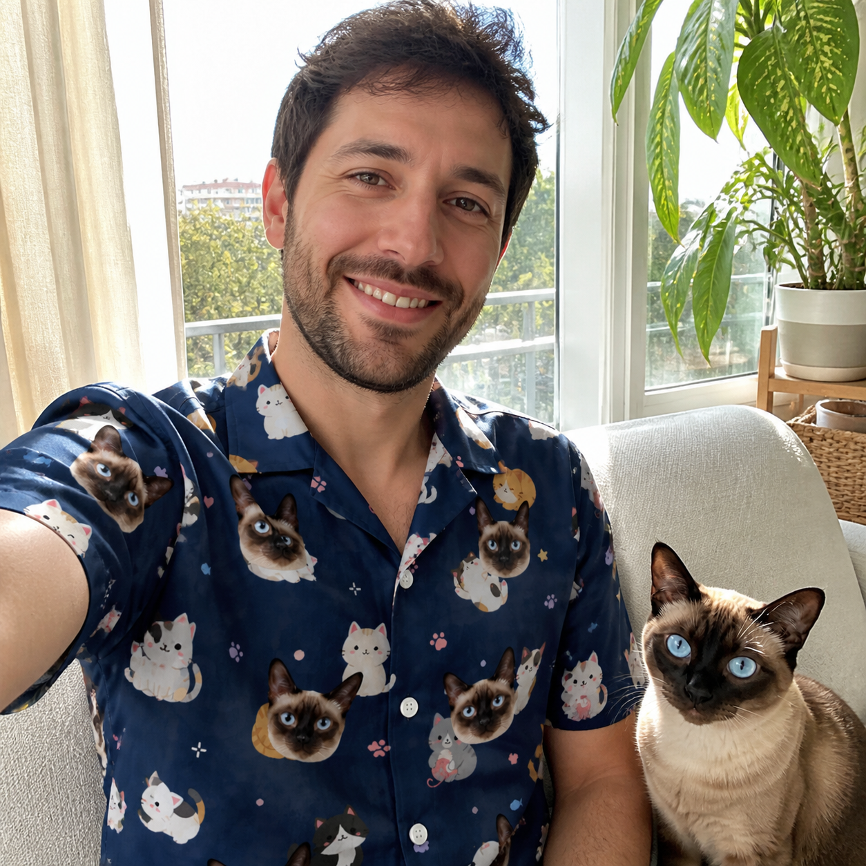 Selfie with the pet whose face is printed all over this Men's Mewsed Charm Custom Cat Face Hawaiian Shirt