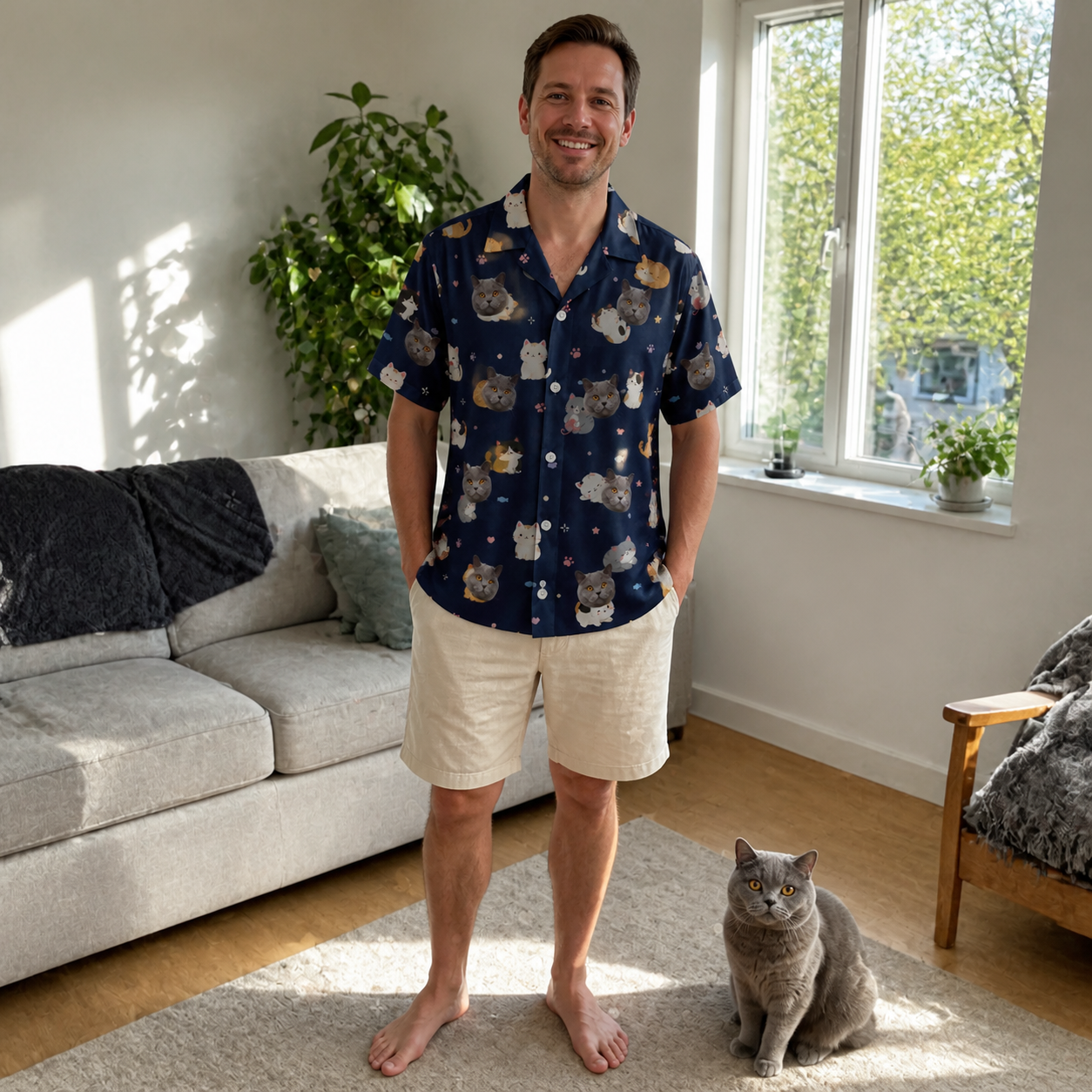 Full-length photo with the pet printed all over this Men's Mewsed Charm Custom Cat Face Hawaiian Shirt