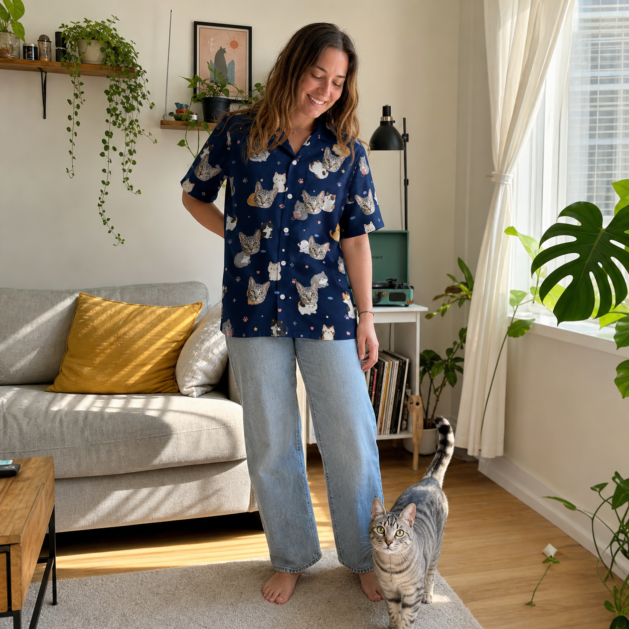 Full-length photo with the pet printed all over this Women's Mewsed Charm Custom Cat Face Hawaiian Shirt