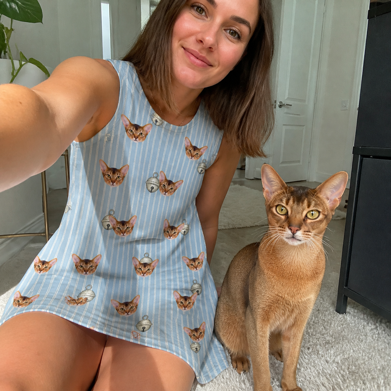 Selfie with the pet whose face is printed all over this Women's Purrcussion Pings Custom Cat Face Tank Dress