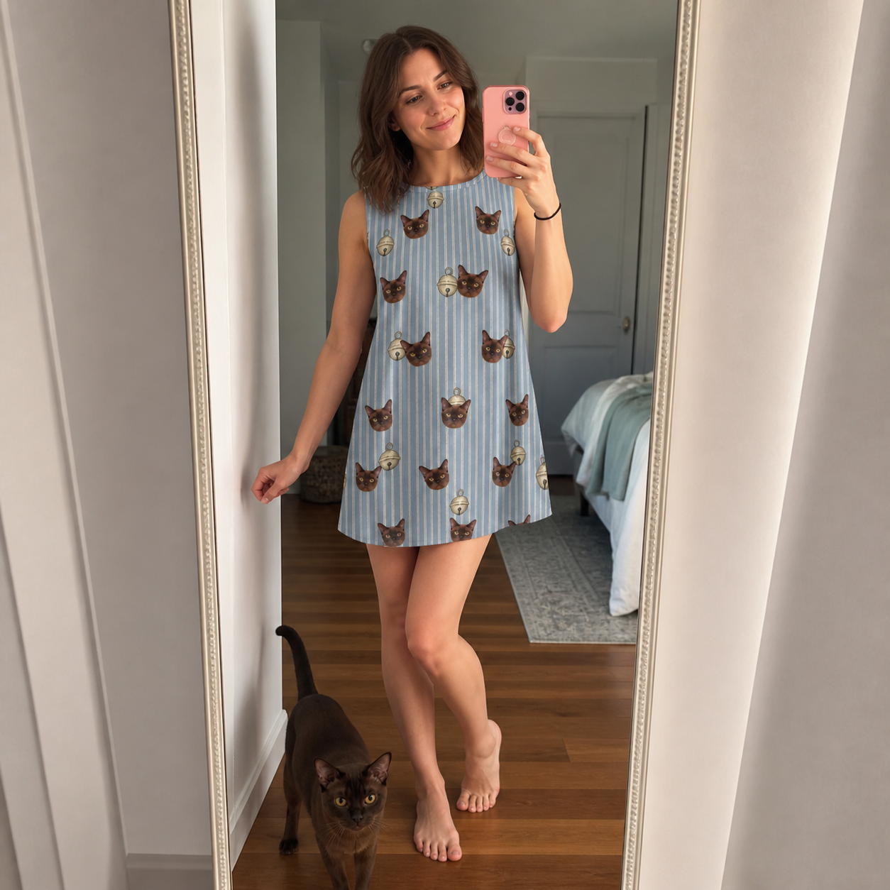 Full-length photo with the pet printed all over this Women's Purrcussion Pings Custom Cat Face Tank Dress