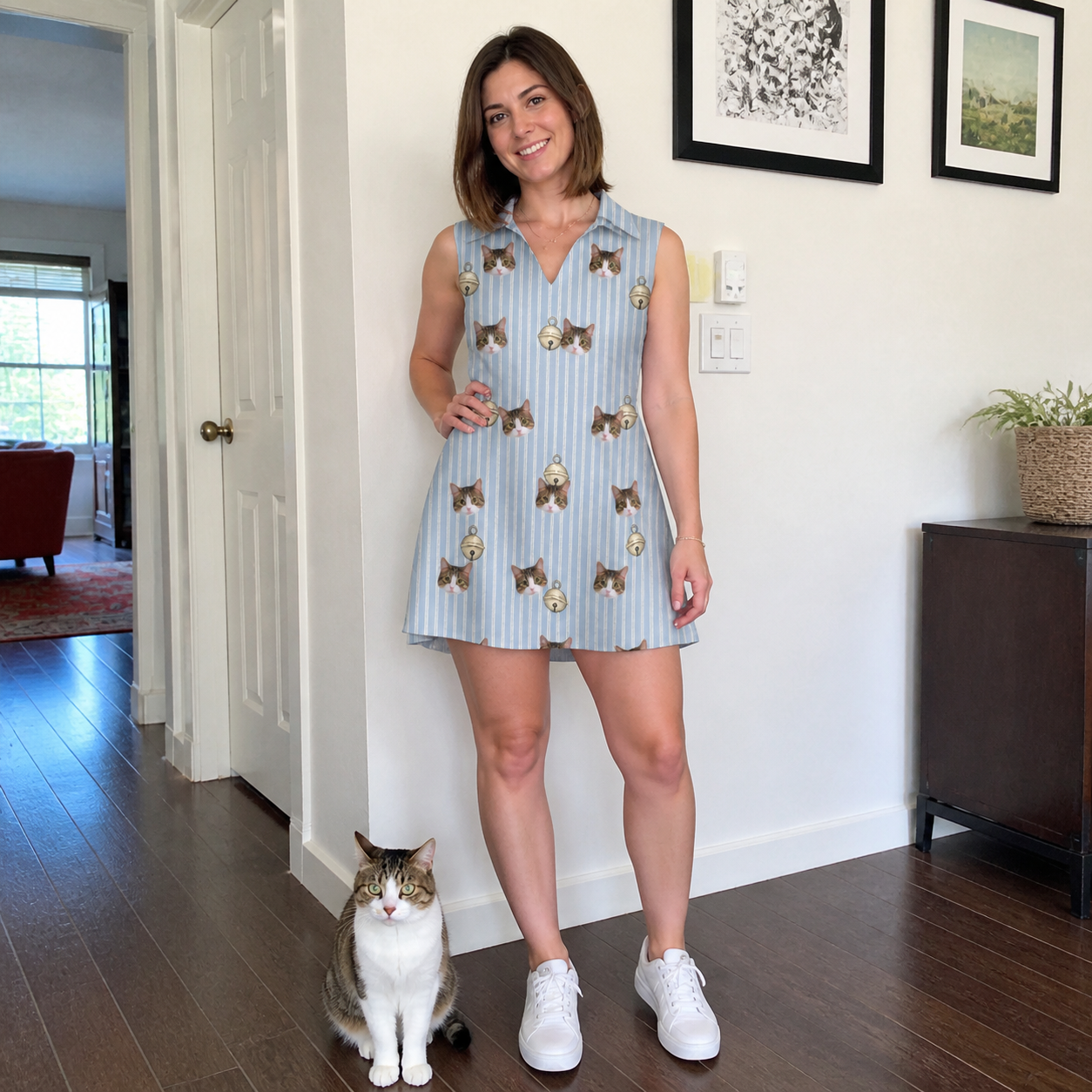 Full-length photo with the pet printed all over this Women's Purrcussion Pings Custom Cat Face V-Neck Dress